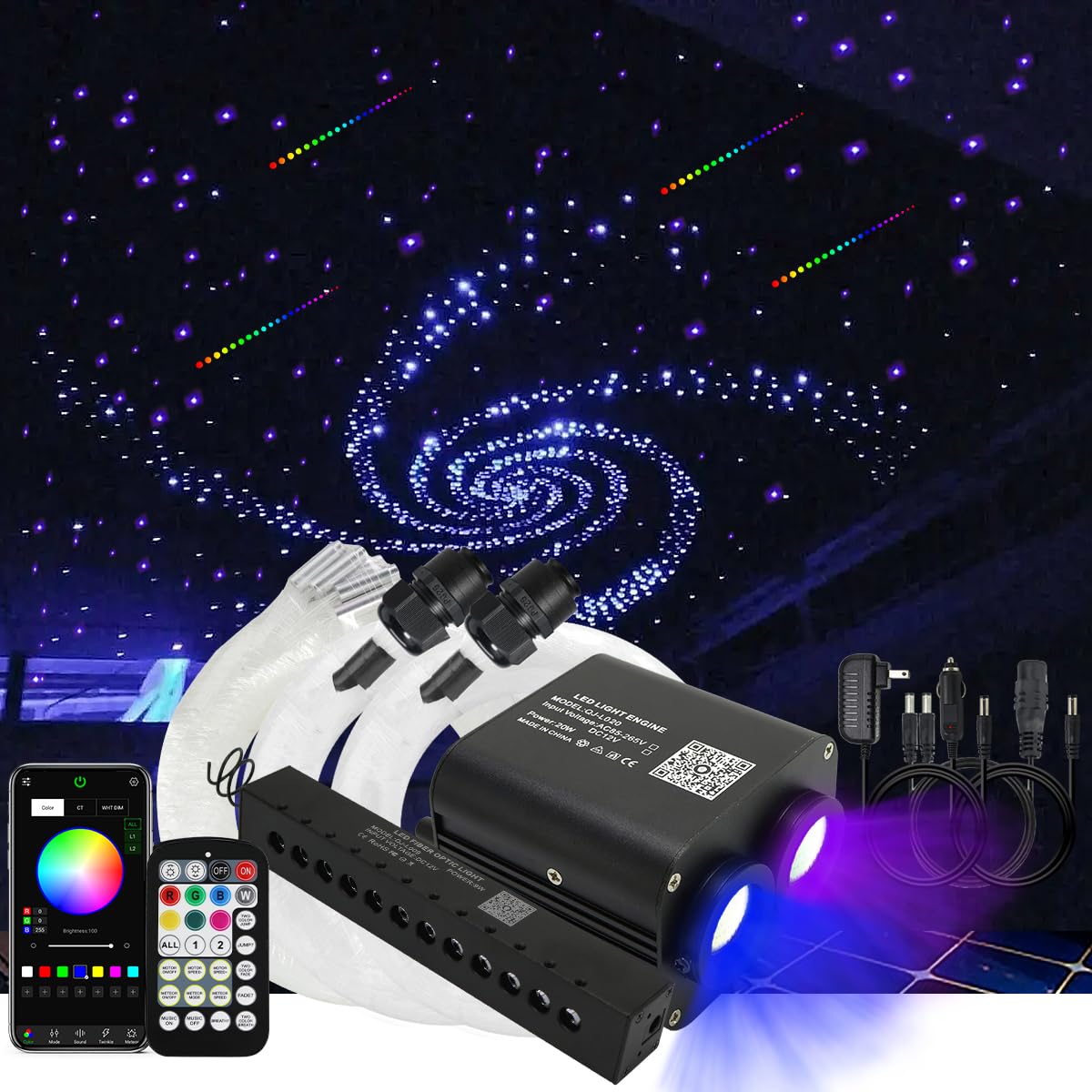 AKEPO 20W RGBW Twinkle Fiber Optic Lights, 1300pcs 0.03in 13.1ft, Aluminum, Colorful Meteor, Model QJ-L020