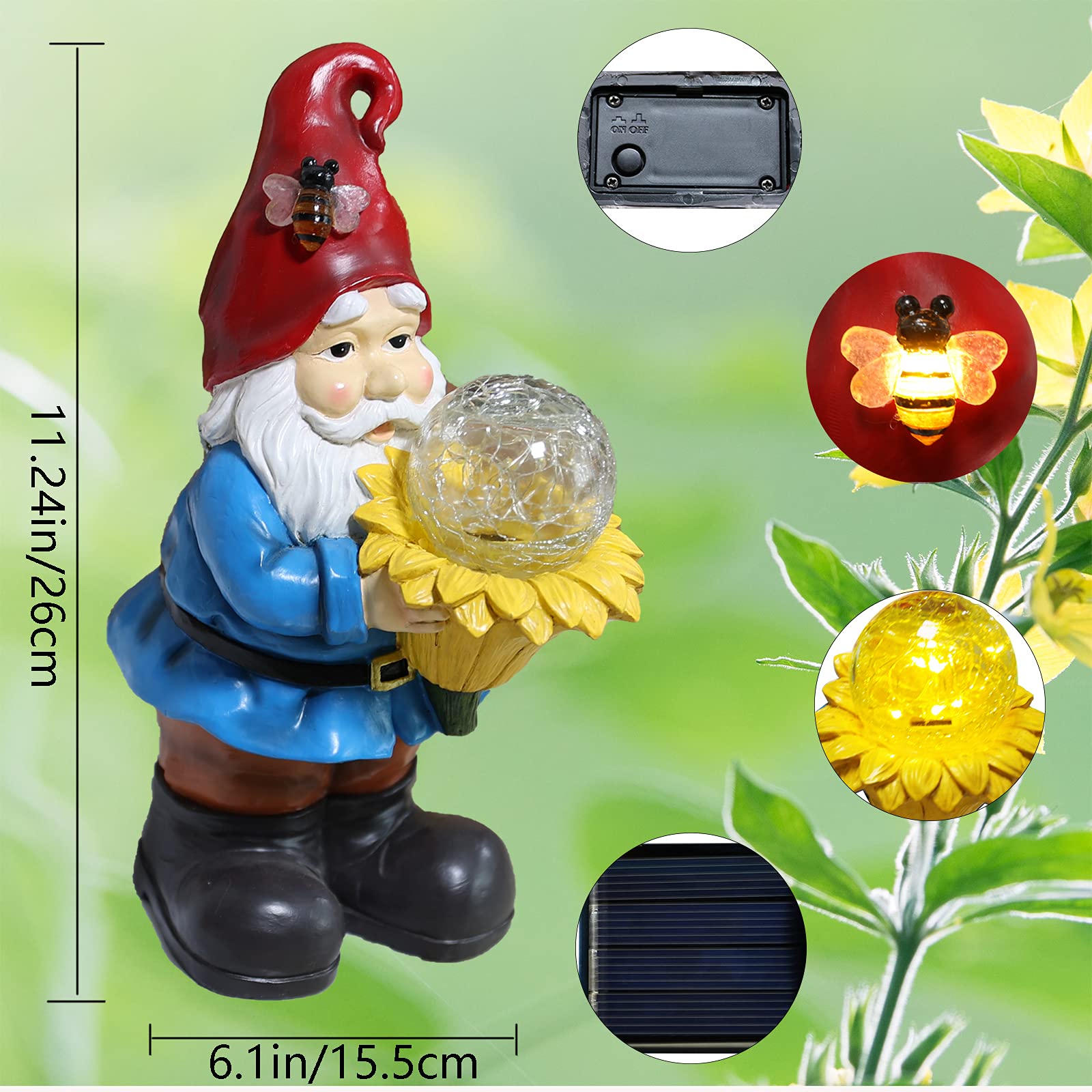 Vcdsoy Solar Gnome Waterproof - Gifts For Mom Women Solar Outdoor Led Lights Resin Garden Gnome Statues Decor Lantern Figurines Funny Decorations Outdoor Indoor Porch Decor (Warm White Orb)