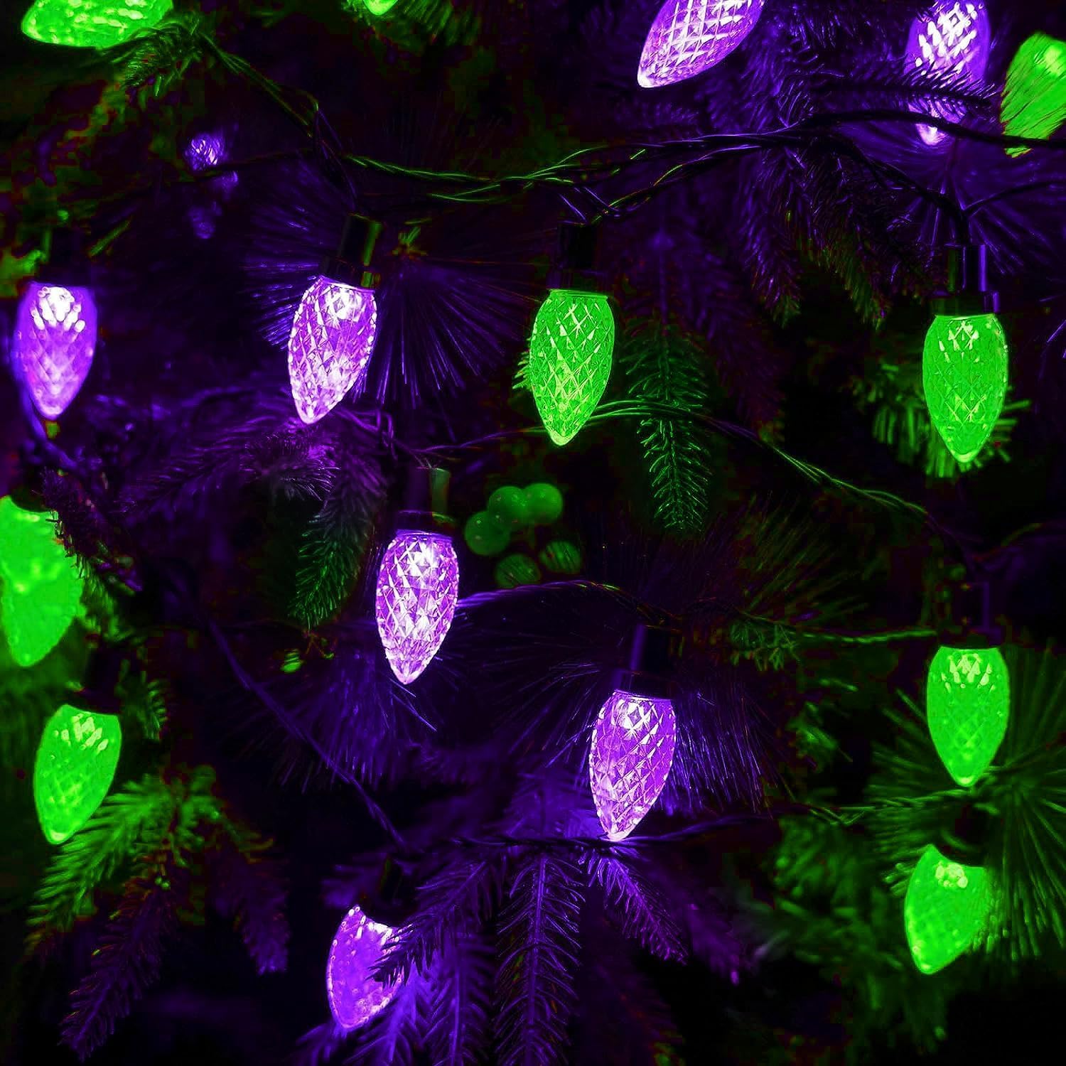 Kaq 2Pk 100Led Purple And Green C9 Halloween Lights Waterproof Indoor Outdoor  Extendable 98Ft String Lights Plug In With 13 Lighting Modes  Halloween Decorations For Party Patio  Outside Yard Decor