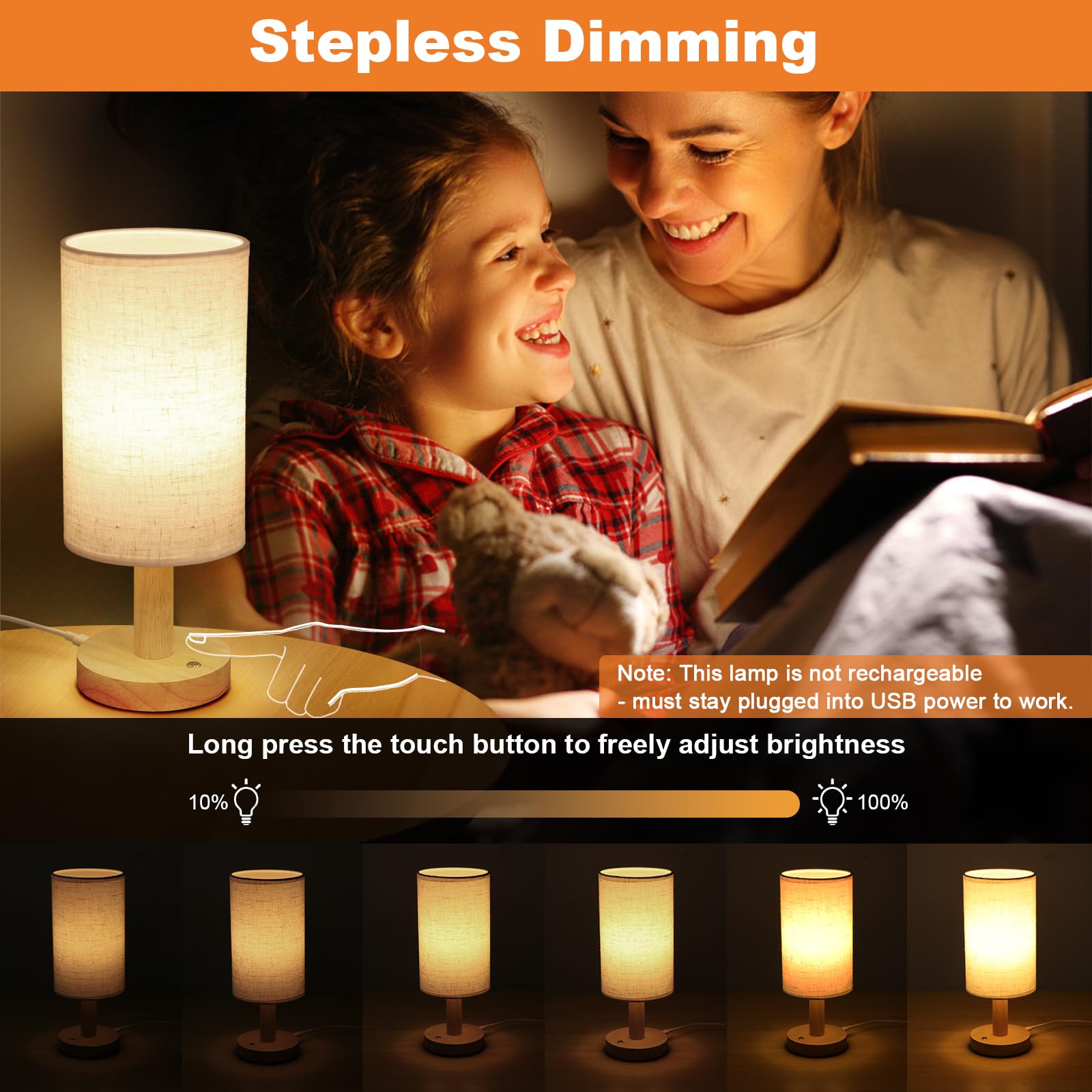 SEENSINY Small Corded Touch Bedside Lamp, Linen Shade, Stepless Dimming, USB-Powered, Cozy Night Light for Bedroom, Nursery, Camping