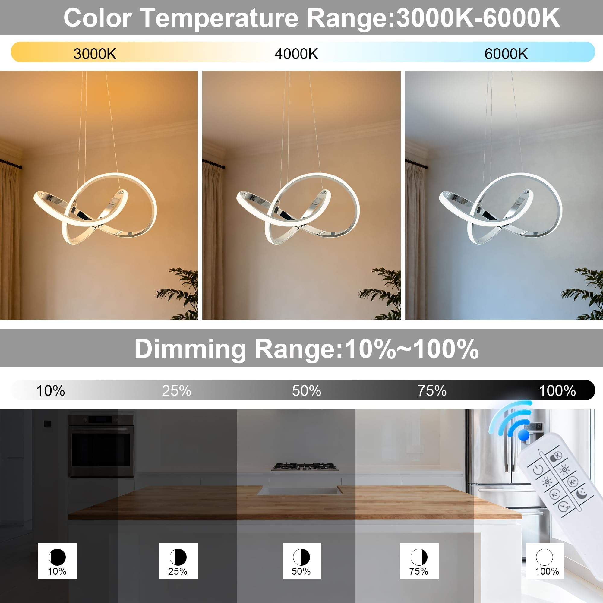 Mayna Modern Chandelier With Remote Control  3-Color Dimmable Led Pendant Light Fixtures  Height Adjustable Kitchen Island Lighting For Dining Room Kitchen Entryway Living Room  Chrome 25.6 Inch