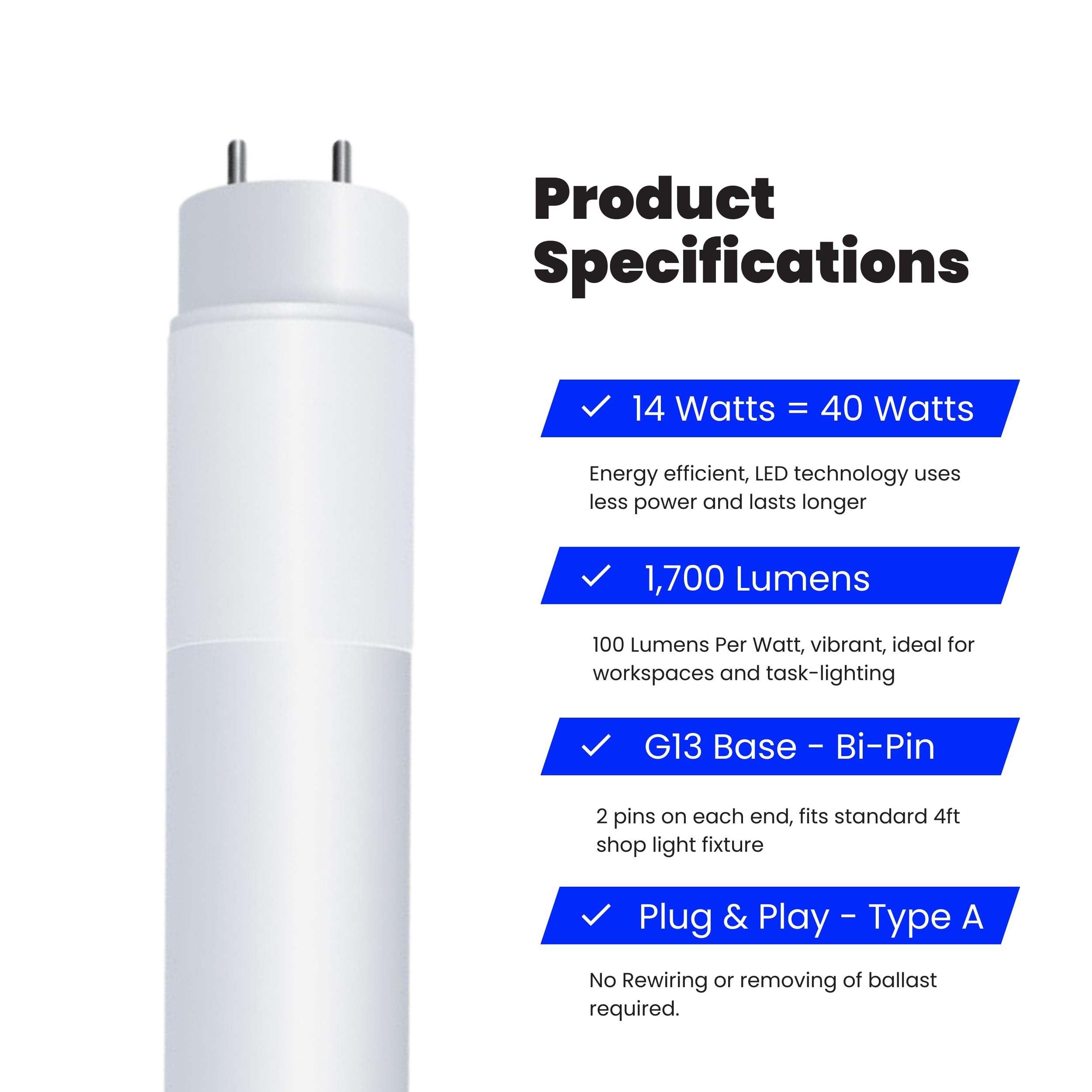 Feit Electric T8 Led Bulbs 4 Foot, 32 Watt Equivalent, Type A Tube Light, Plug & Play, T8 Or T12 Led Fluorescent Replacement, Fr