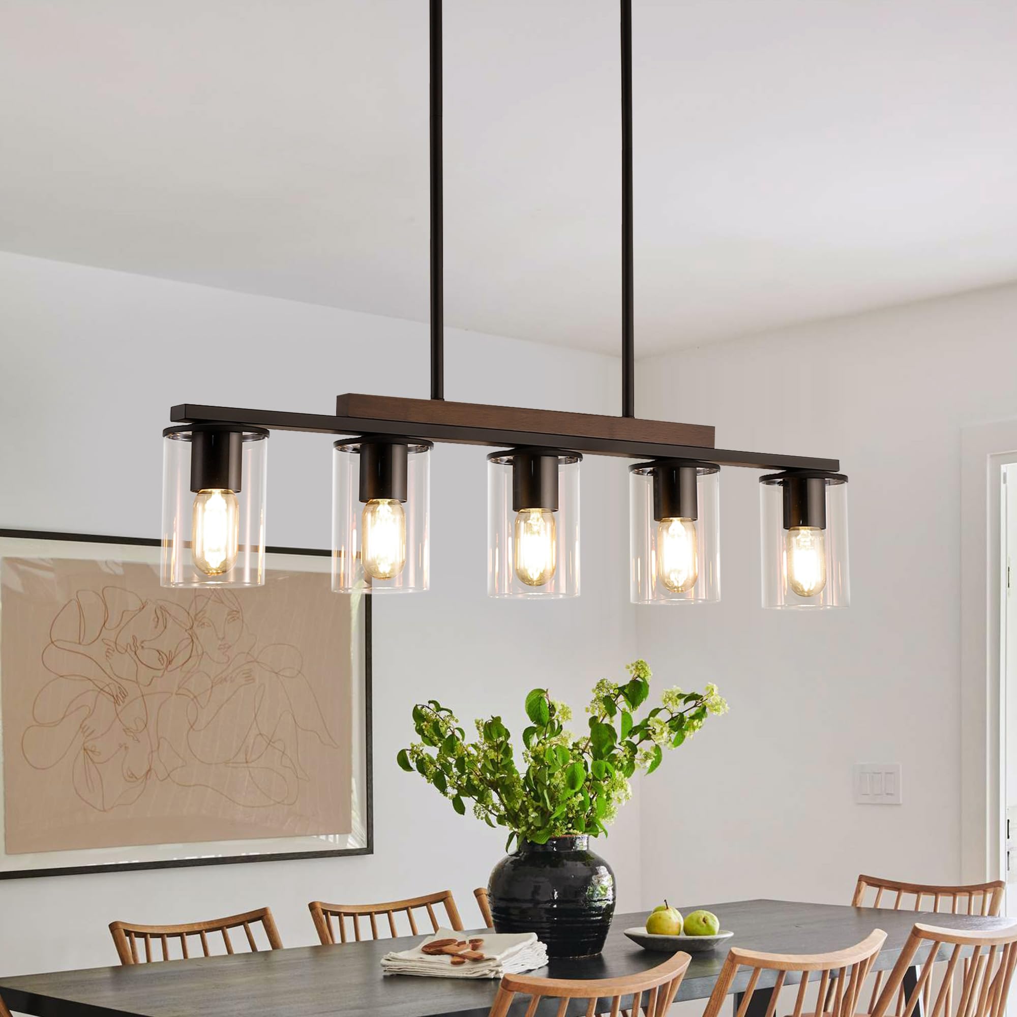 Mecgirn 5 Light Black Metal Linear Chandelier - Farmhouse Dining Room Pendant Light for Kitchen Island, Model D0016