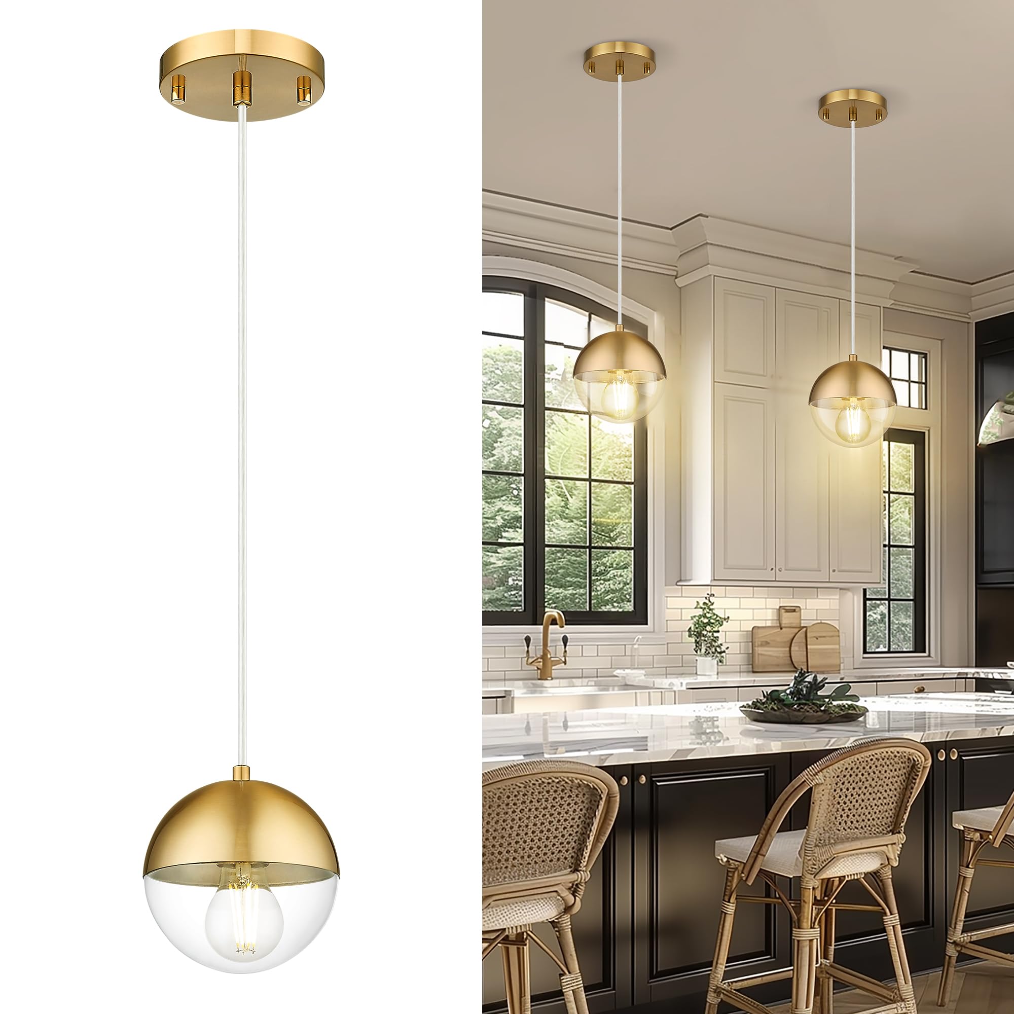 LMS 6-inch Modern Pendant Light, Brushed Gold Industrial Kitchen Island Pendant Light with Clear Globe Glass, Adjustable Hanging