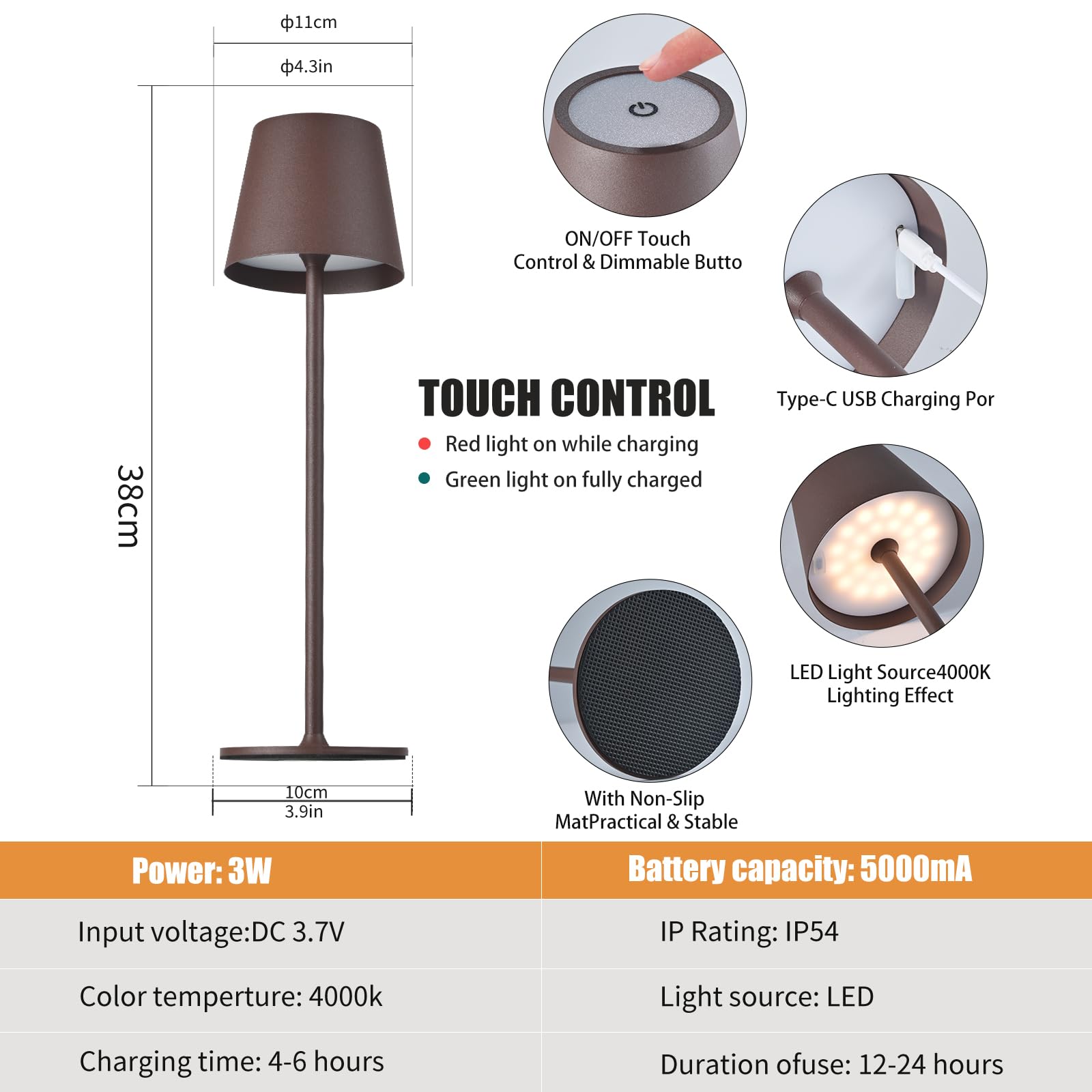 IMQSQIK Cordless Table Lamp - 5000mAh Rechargeable LED, 3 Color Modes, Stepless Dimming, Brown, Model CL-2pbrown