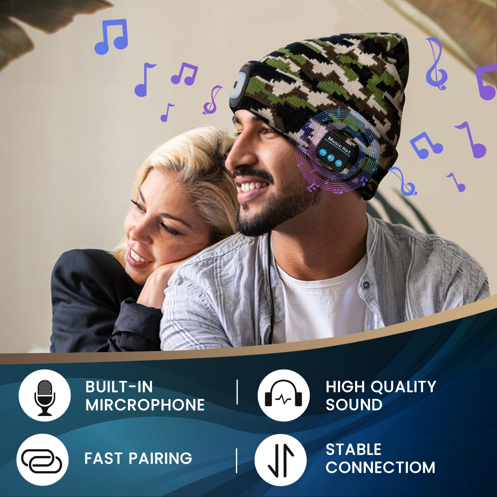 Vibhigh-standard Bluetooth Beanie Hat With Light  Usb Rechargeable Led Headlamp With Wireless Headphones  Christmas Gifts Stocking Stuffers For Men  Teen Boys  Him  Husband  Boyfriend  Camouflage