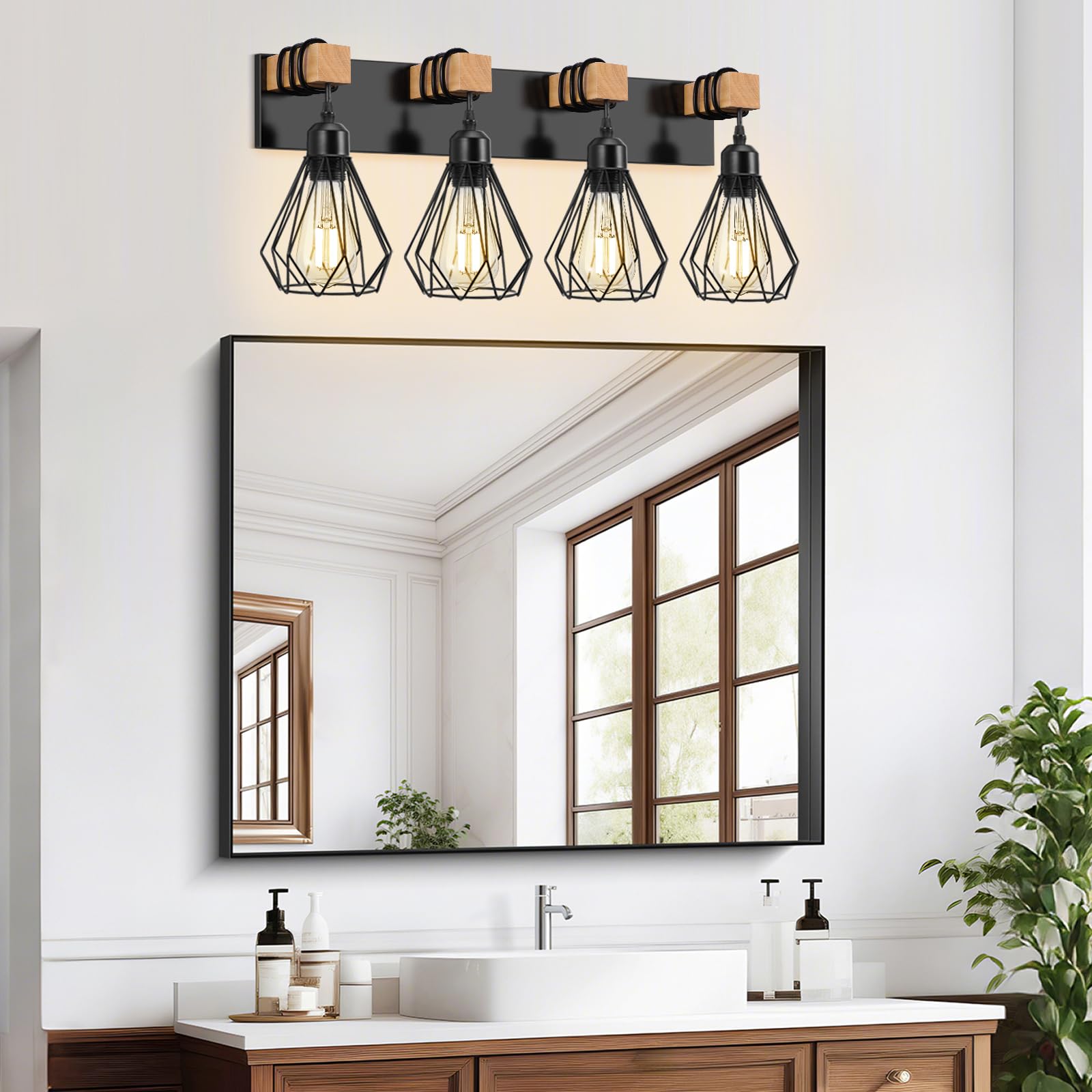Farmhouse Bathroom Vanity Light Fixtures, 4-Light Wood Bathroom Light Fixtures Over Mirror, Black Rustic Sconces Wall Lighting W