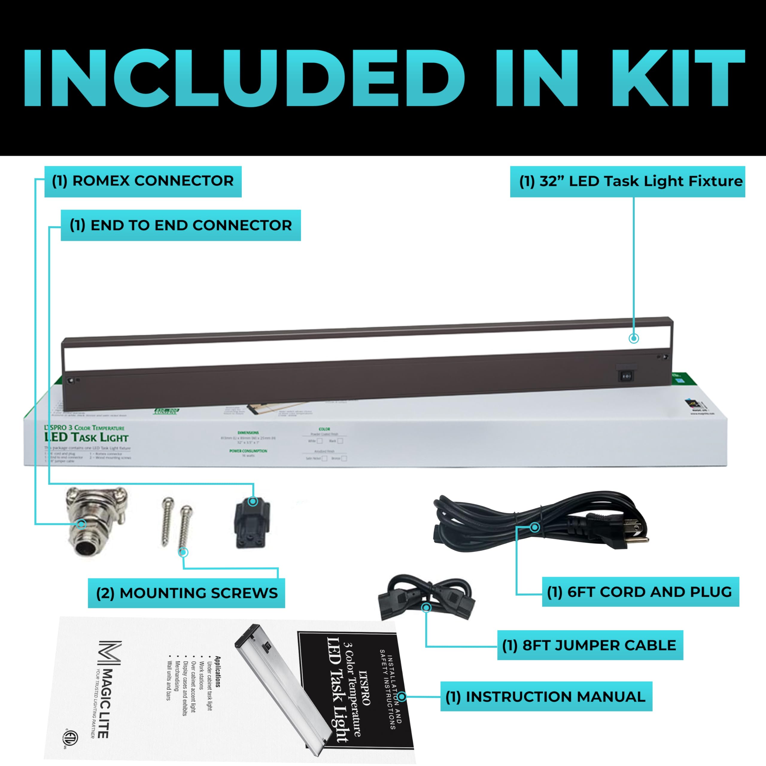 Led Under Cabinet Lighting Hardwired - Linkable Undercabinet Lights For Kitchen - 3Cct 32 Inch Bronze Finish - Undercounter Dimmable Plug In Light Or Hard Wired - Under Counter Fixture Direct Wire
