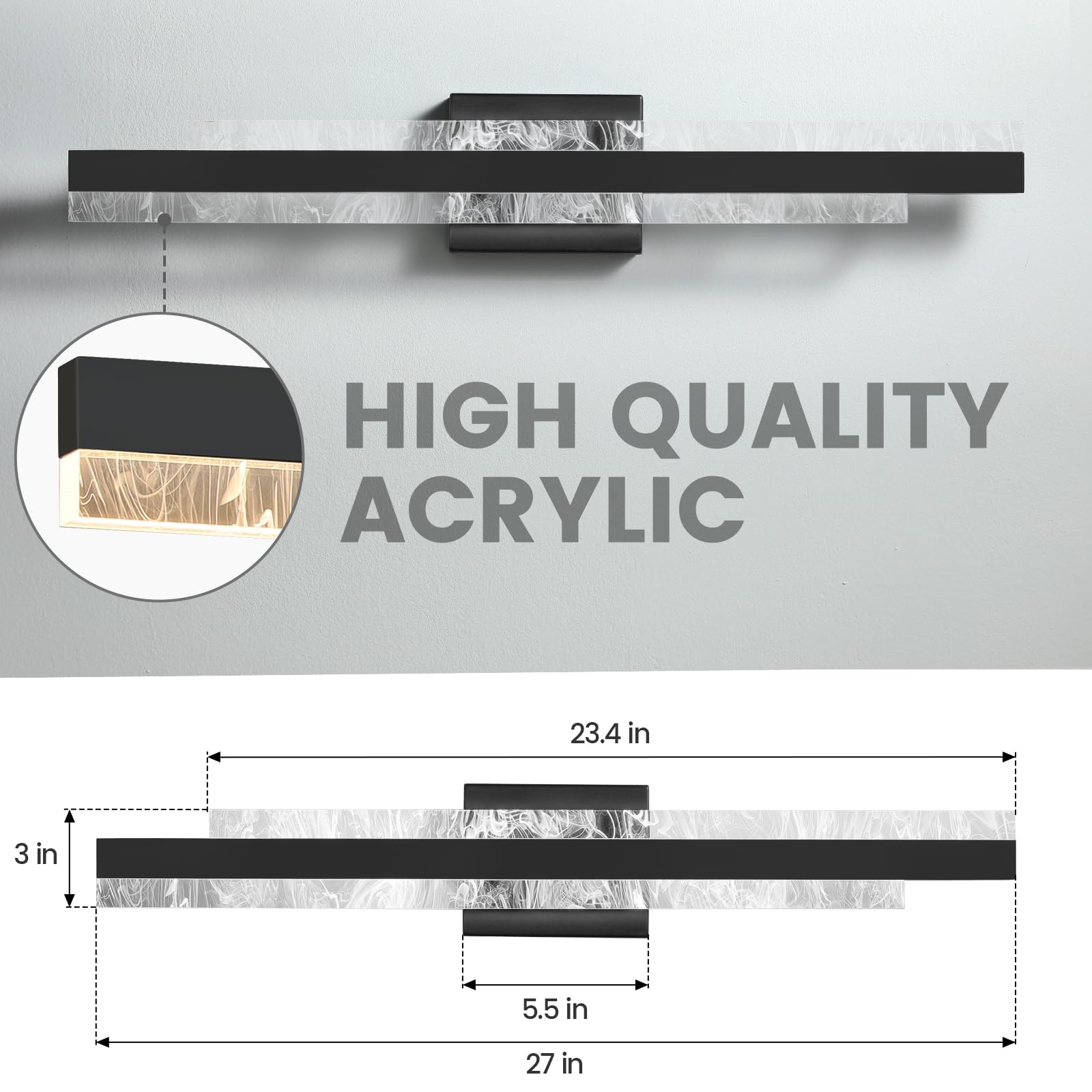 HAHZT Modern Bathroom Vanity Light - 27" Matte Black Dimmable LED Wall Sconce for Mirror, 28W, Metal, Model 8075WL