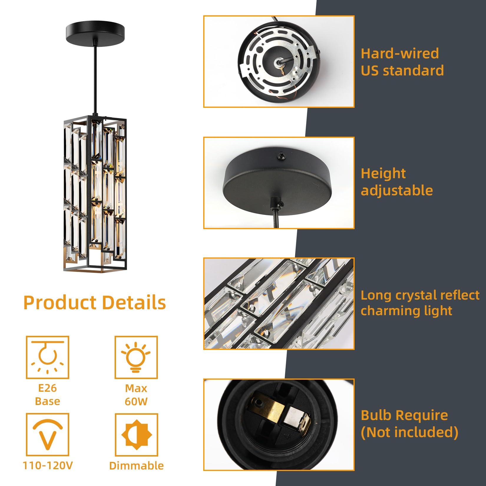 Aoceley Black Pendant Lights Modern Pendant Light Fixture, Mini Crystal Pendant Ceiling Light, Pendant Light For Kitchen Island,