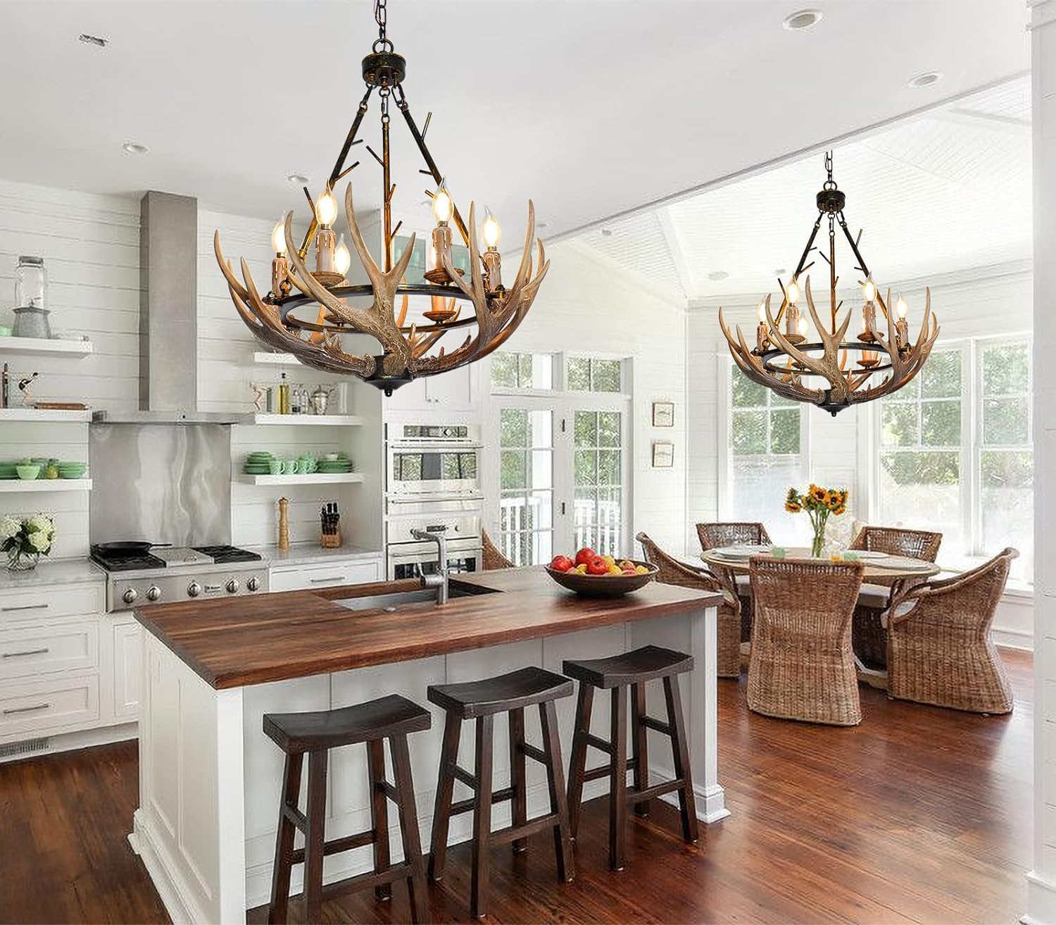 Debemenes Rustic Antler Chandelier 6 Lights, Vintage Farmhouse Style, UL Listed, Rustic Brown for Dining Room, Kitchen, Living Room