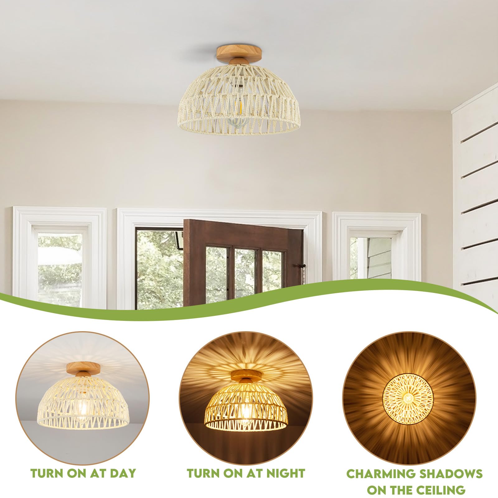 Rattan Ceiling Light Fixtures Small Boho Chandelier Lights Cream White Flush Mount Ceiling Light Wooden Canopy Bohemian Woven Ch