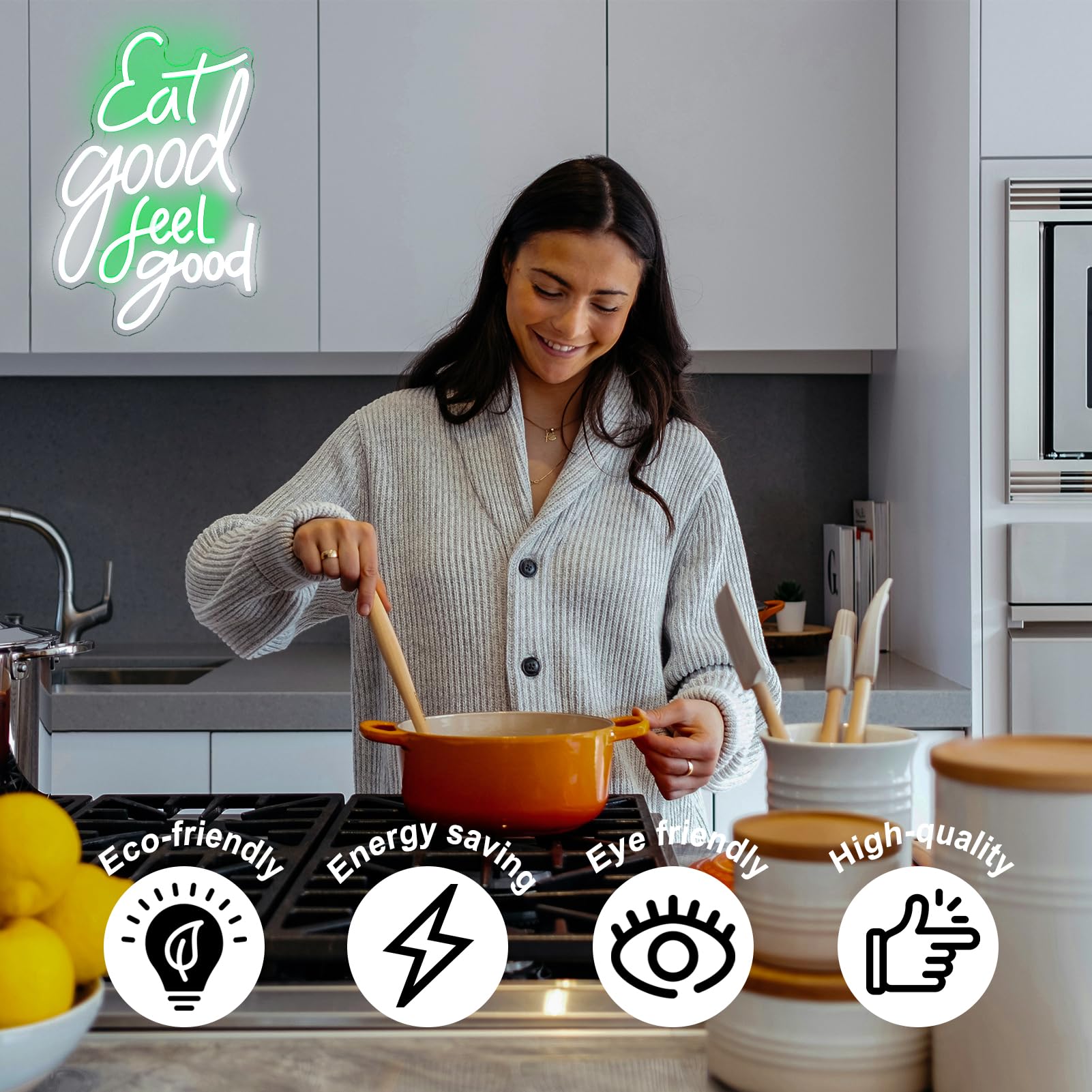 Eat Good Feel Good Neon Sign Green White Letter Led Neon Light Sign Food Neon Signs For Wall Decor Health Led Sign Dimmable Light Up Signs For Restaurant Kitchen Snack Shop Party Decor