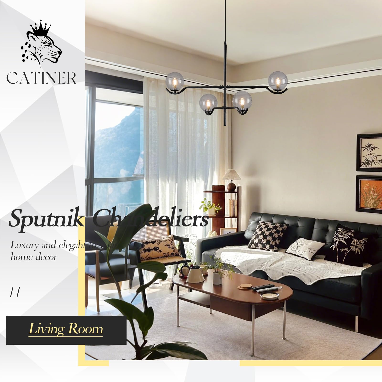 Catiner Modern Black Sputnik Chandelier, Large 4 Lights L31 '' Mid Century Long Ceiling Pendant Light With Smoke Gray Glass Glob