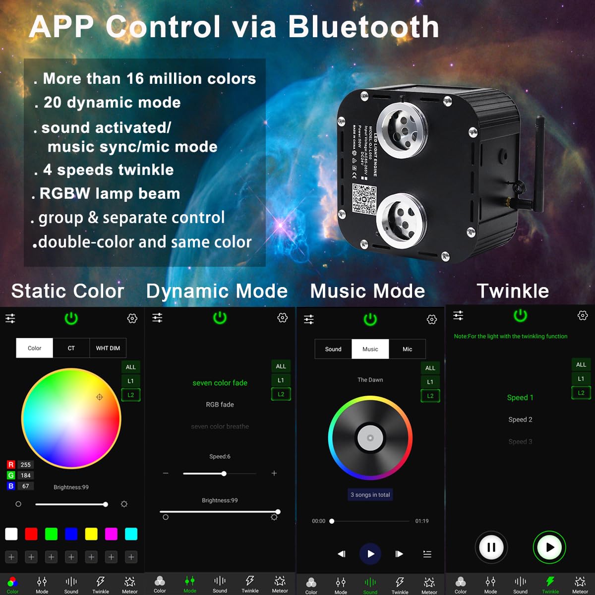 AZIMOM Twinkle Fiber Optic Starlight Kit, 1800pcs 0.03in 16.4ft, Sound Activated, Bluetooth/APP Control, Black, Model QJ