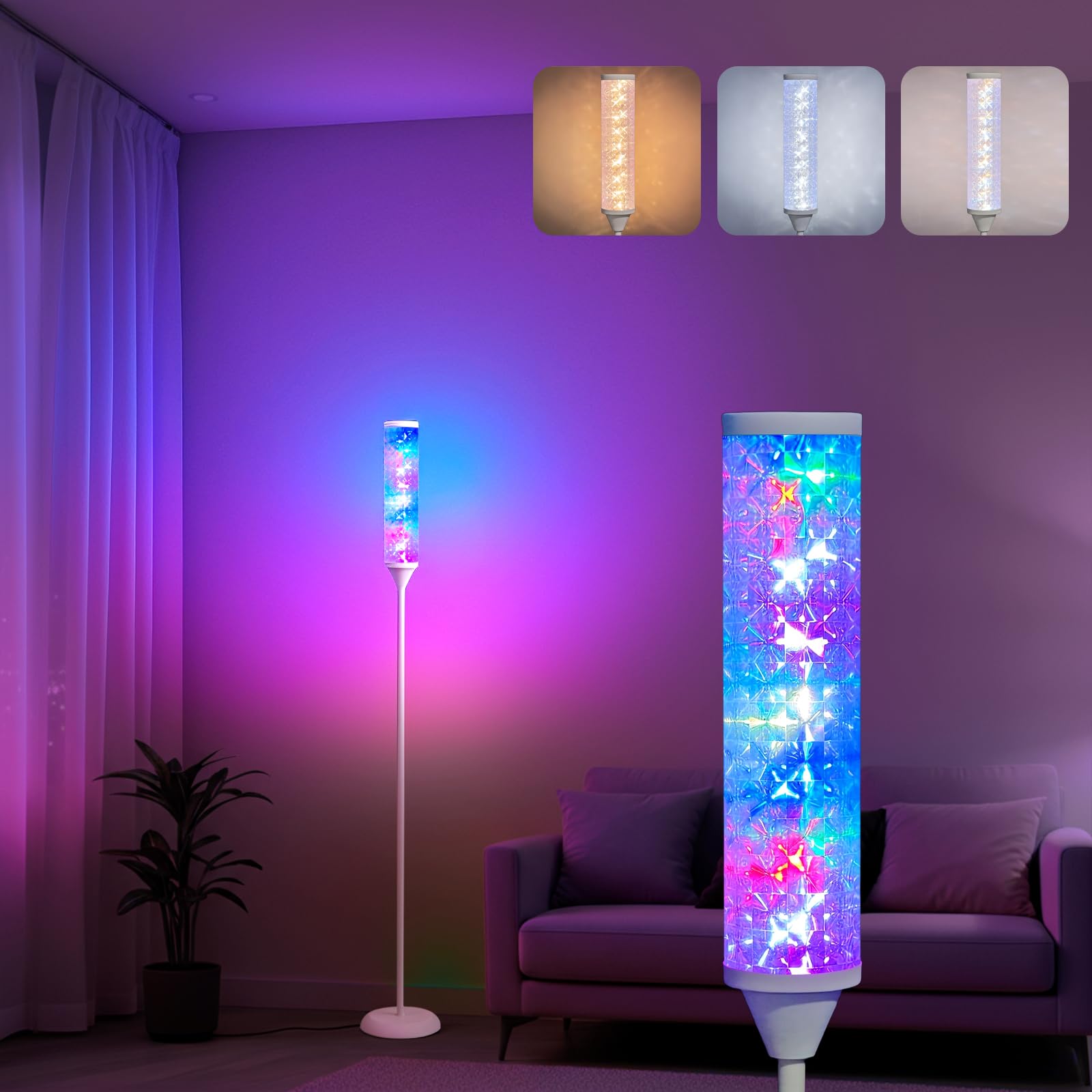 WORLD WIN Prism Glow Floor Lamp - Smart RGB LED, Mosaic Star, 3 Color Temperatures, Iron, White, Model: prism glow floor lamp 04