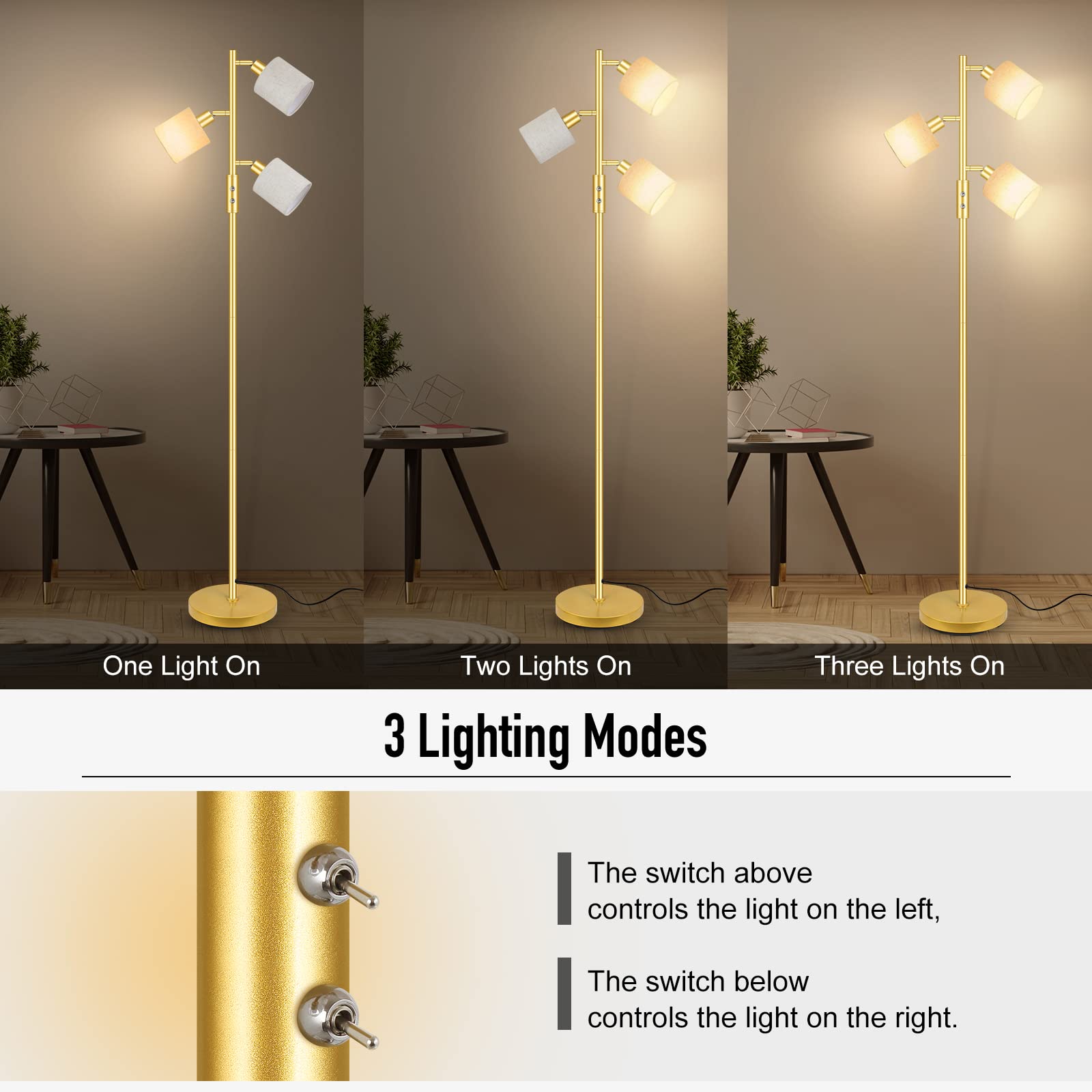 Gold Floor Lamps For Living Room, 3 Color Temperature, Standing Lamp With Shade For Bedroom, Reading (5W Led Bulbs)