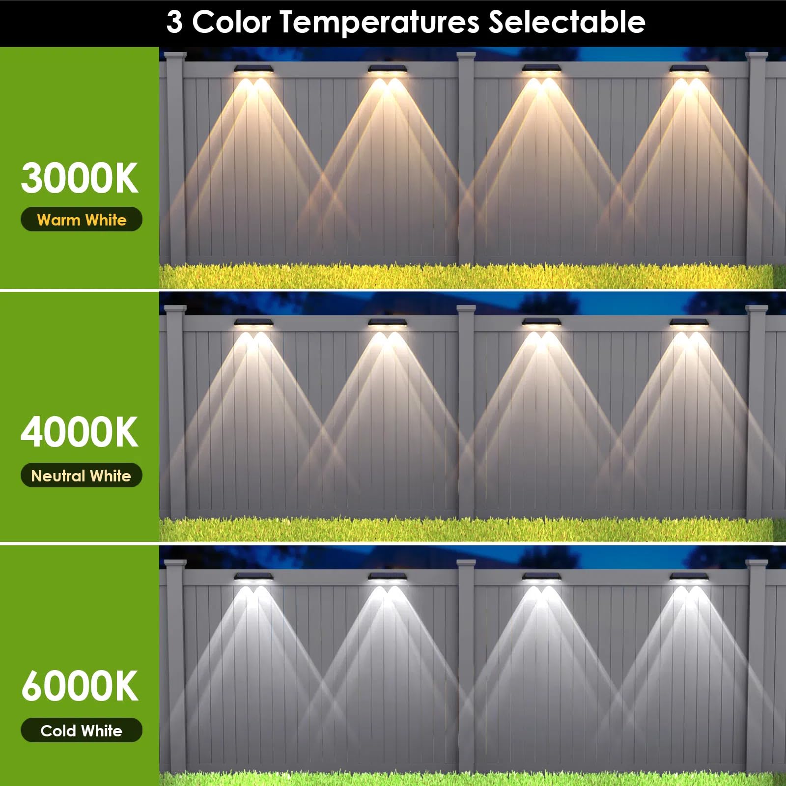 Solar Fence Lights Outdoor - 2700/4000/6000K 3 Mode, Ip65 Waterproof Fence Solar Lights Outdoor, Fence Light Solar Powered For O