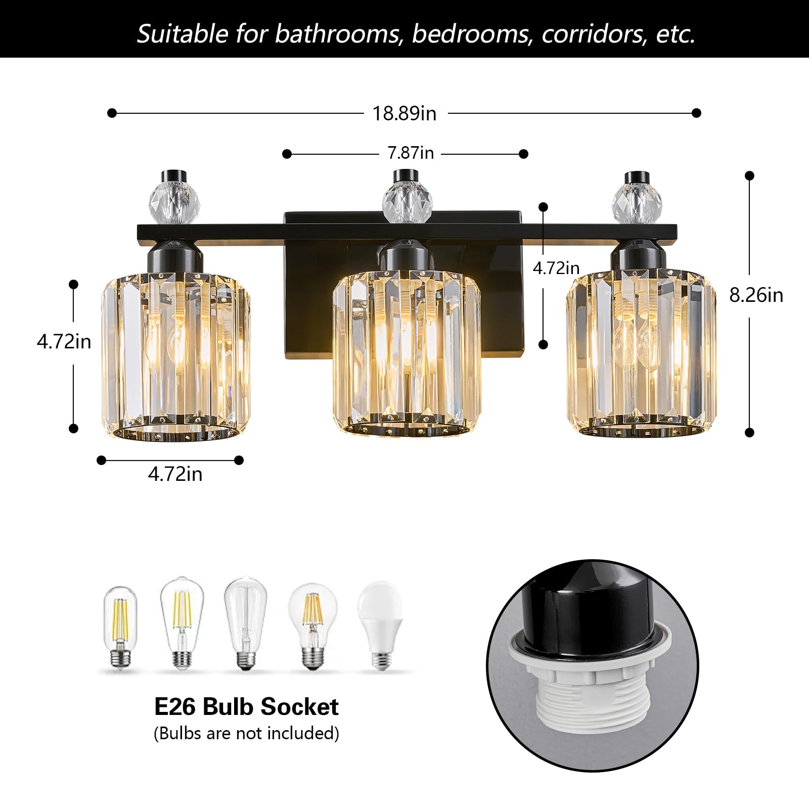 FDPBY 3-Light Bathroom Vanity Light Fixtures, Plating Black, Modern Crystal, Model 291, Over Mirror Lighting