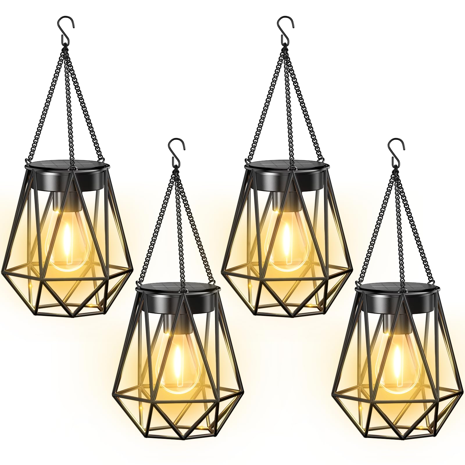 KOOPER Solar Lanterns - 4 Pack Metal Waterproof Hanging Lights, Black, Diamond Shape, Model TLL031, Outdoor Decorative for Garden Patio