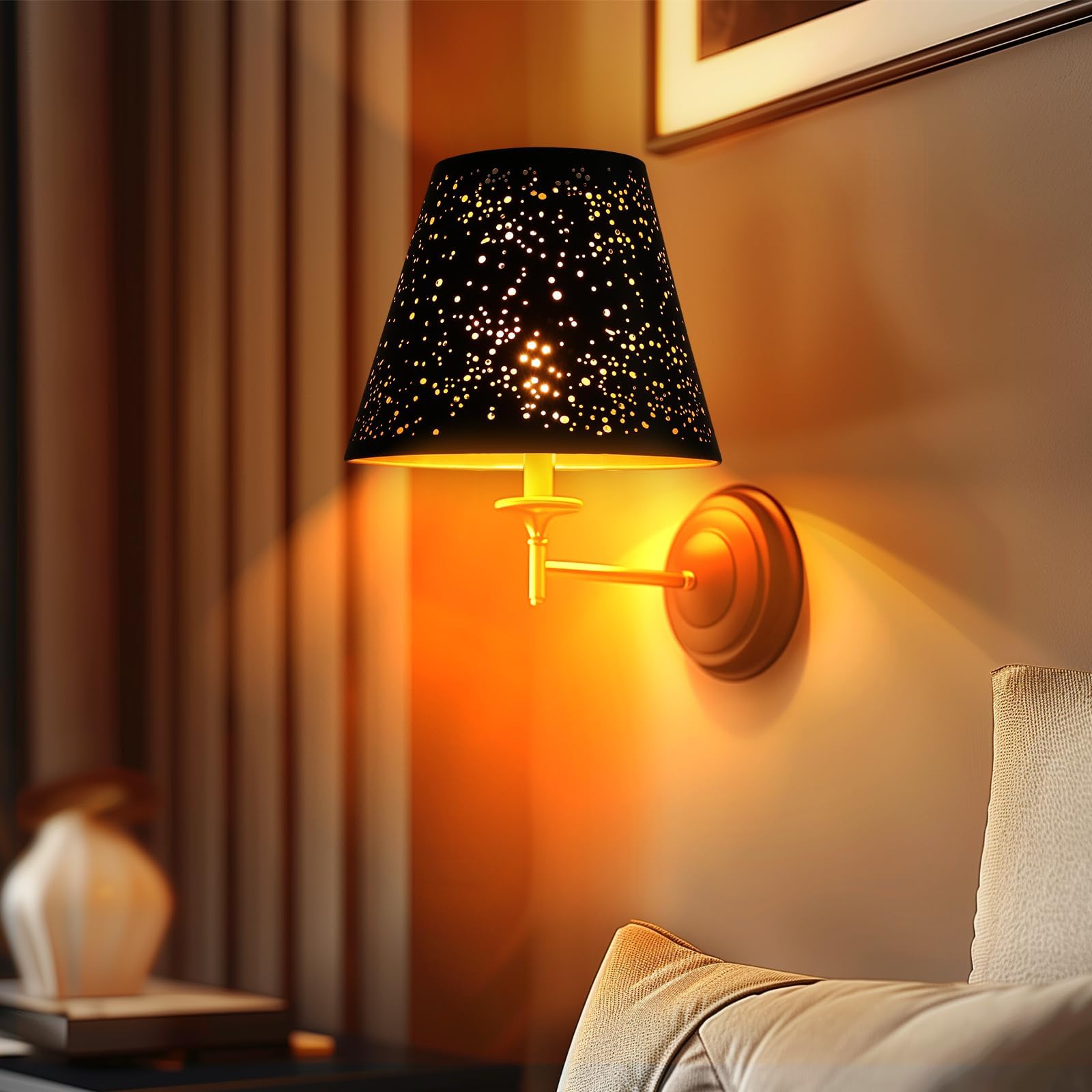 ALUCSET Metal Small Lamp Shade, Etched Starlight, 5in Top x 9in Bottom x 7in High, Black Outside Gold Inside, Model ALUCSET-METAL