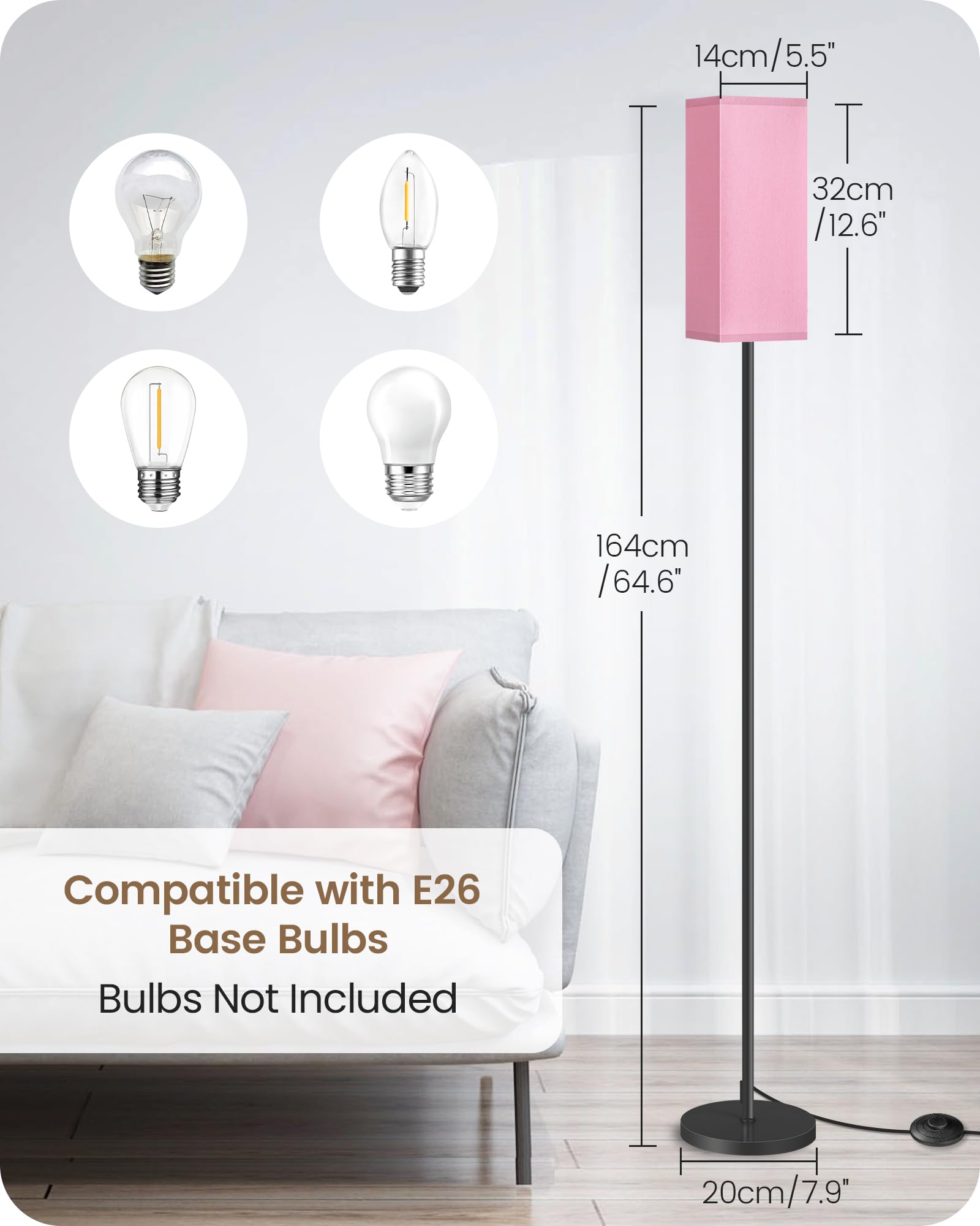 Goebleson Modern Floor Lamp With Foot Switch, Minimalist Design, Black & Pink, Fcc Listed