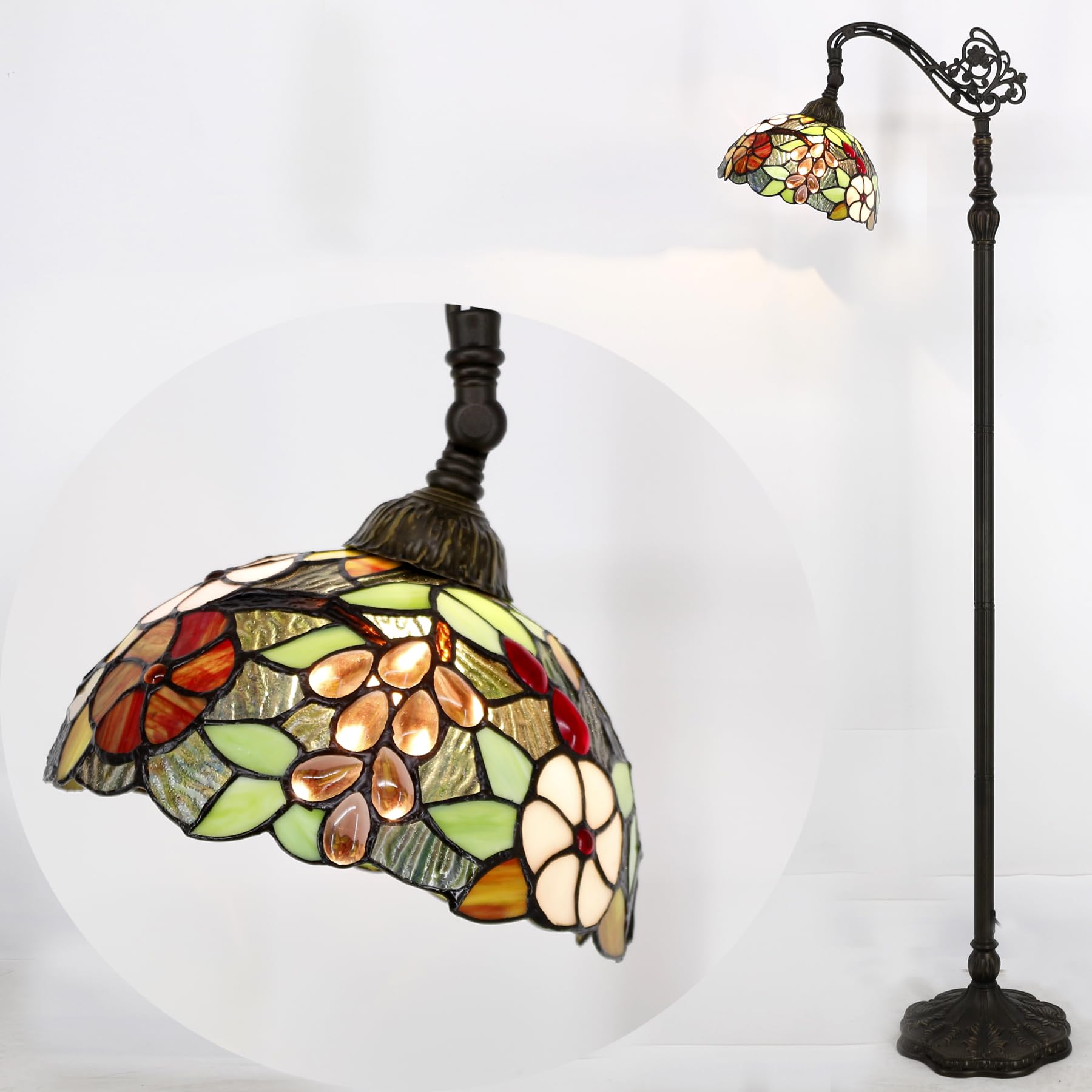 AVIVADIRECT Tiffany Floor Lamp - Stained Glass Grape Arched Reading Light, 10x10x64 Inch, Adjustable Gooseneck for Bedroom & Living Room