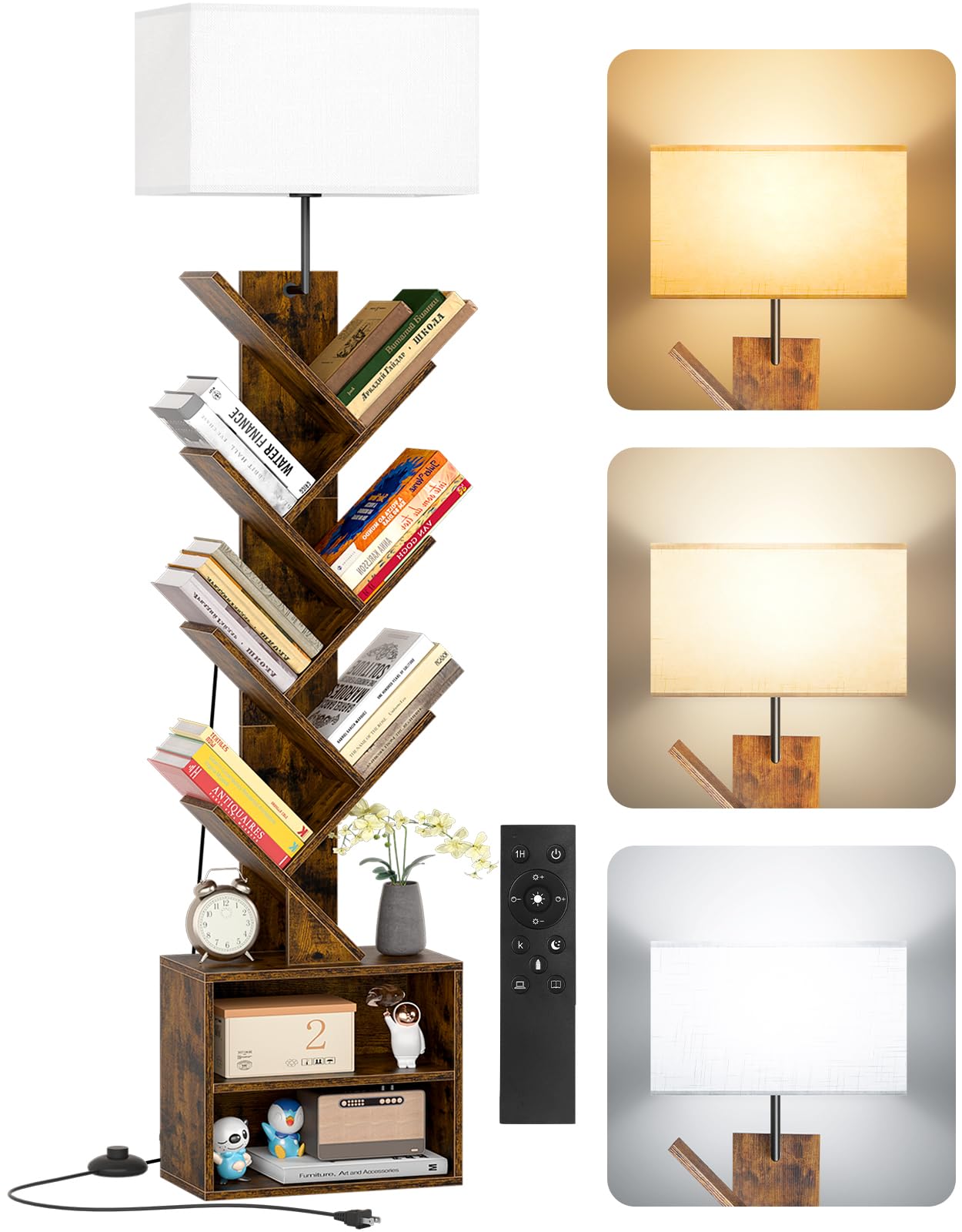 Outonlife 9 Tier Tree Bookshelf With Lamp, Remote, Timer & Cabinet, Dimmable Modern Tall Floor Standing Corner Book Shelf, Small