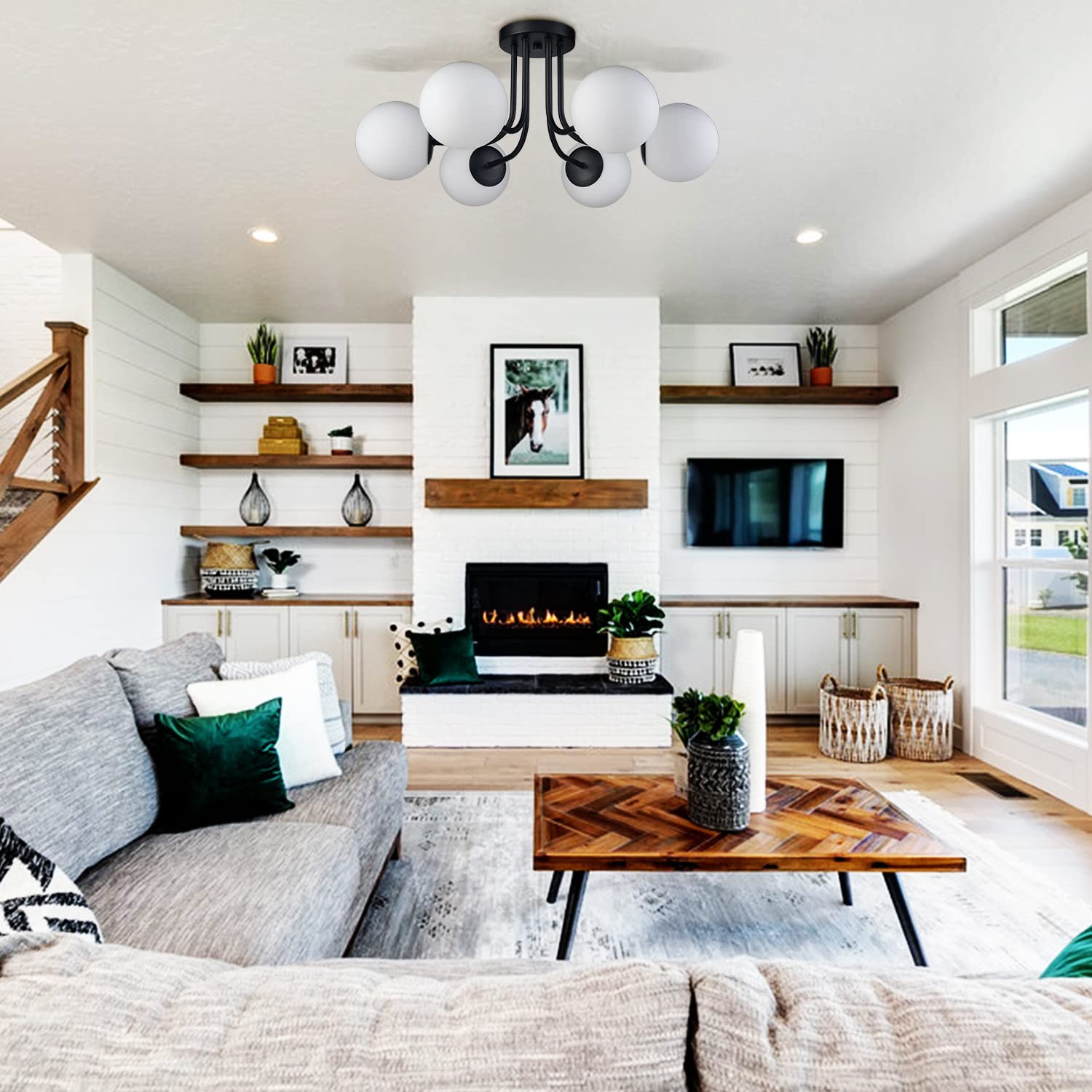 Shawnkey 6-Light Black Metal Semi Flush Mount Ceiling Light With White Glass Shade