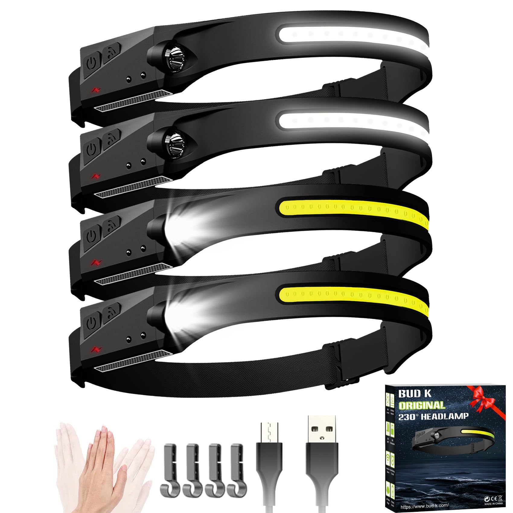Bud K Rechargeable Headlamp 1200 Lumens LED 6 Modes Motion Sensor 4 Pack Black