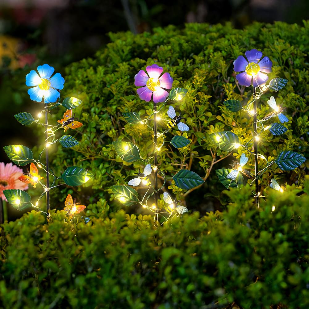 SATHGA Set of 3 Solar Garden Lights,23 H Flowers&Insect Decorative Garden Stakes,Waterproof Metal Spring Yard Art Decor,Solar 