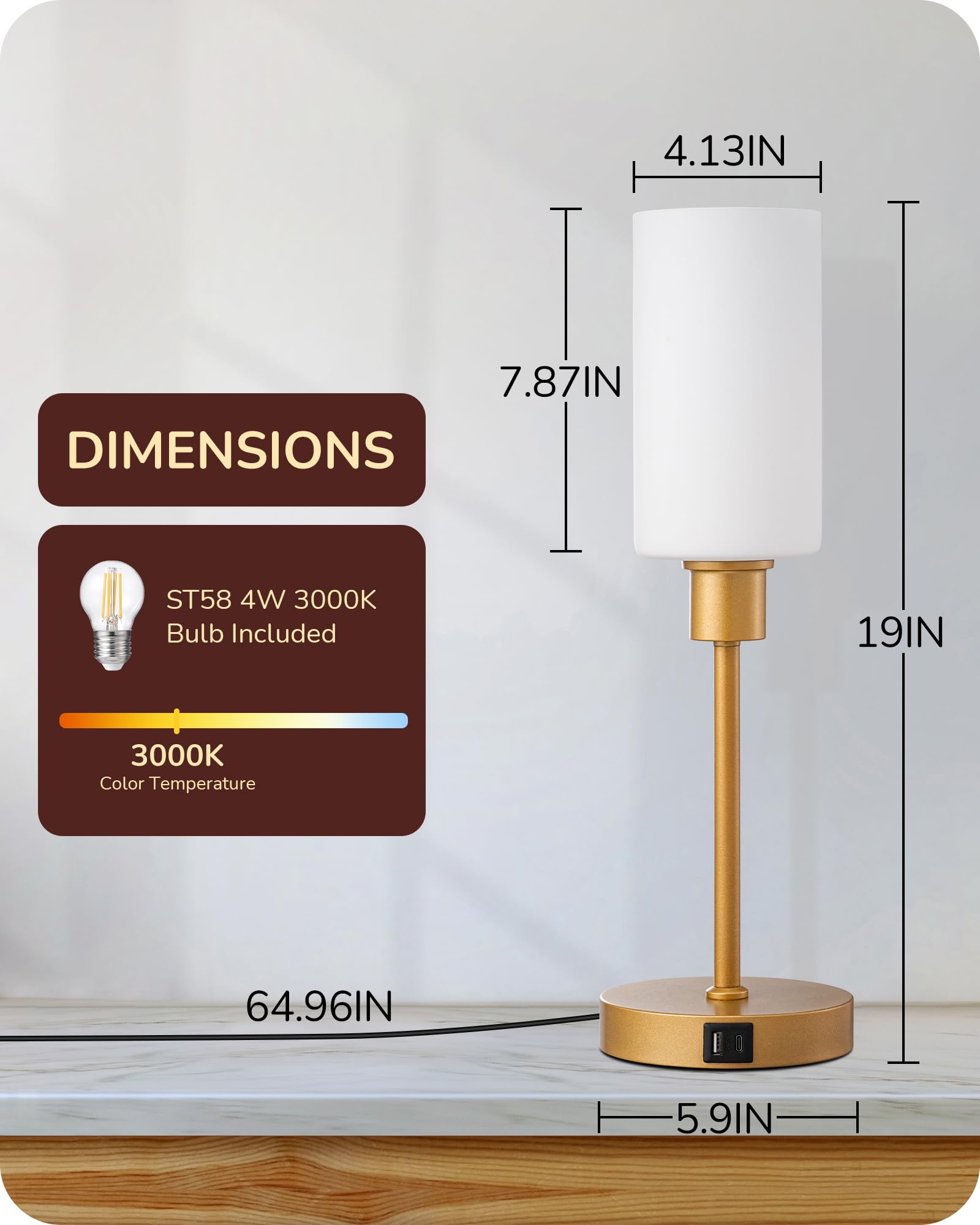 EDISHINE 19 Glass Table Lamp with Touch Control, Modern Bedside Lamp, 3-Stage Dimmable & USB-A+Type-C Charging Ports, Nightstand
