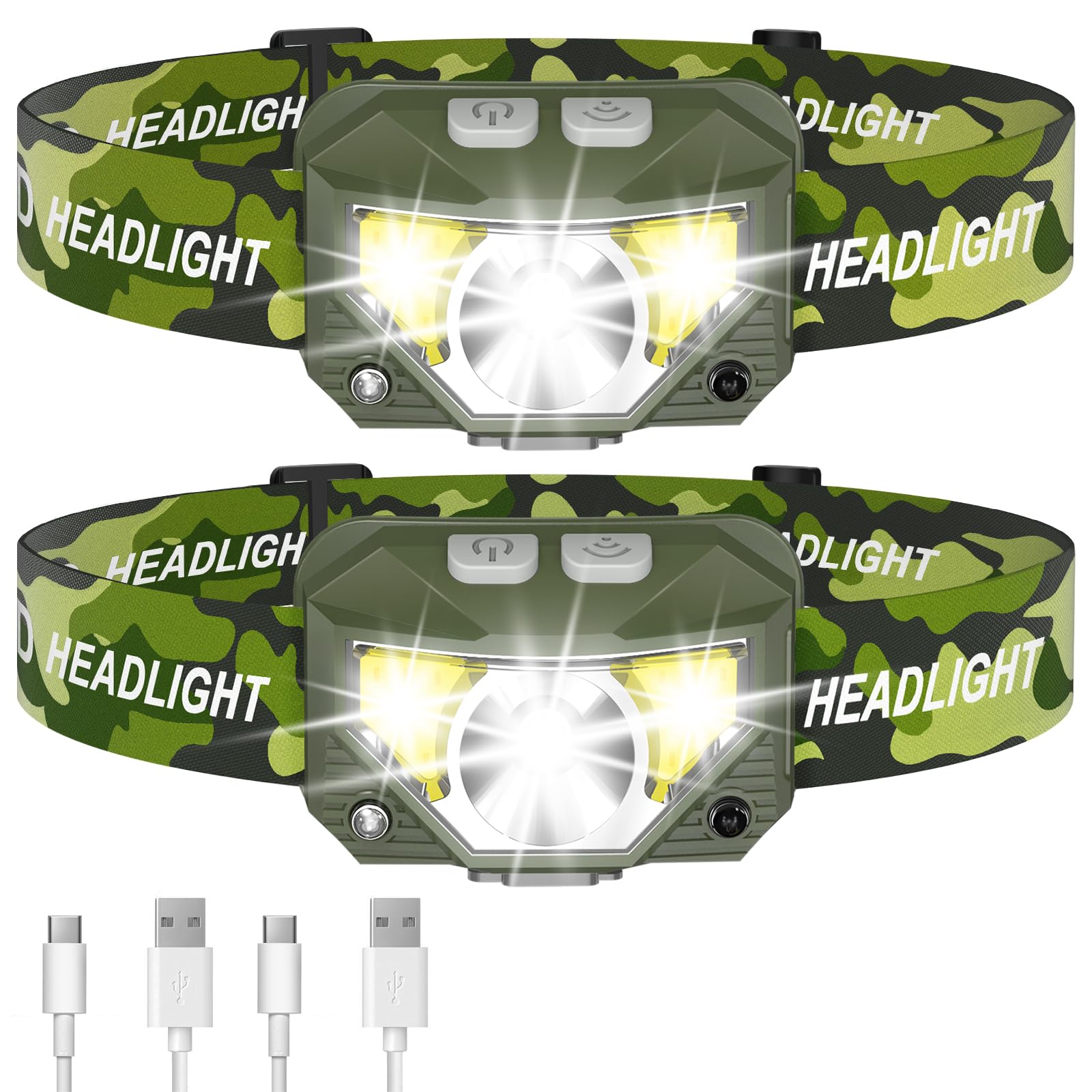 LHKNL Headlamp Flashlight  Lumen Ultra-Light Bright LED Rechargeable Headlight with White Red Light 2-Pack Waterproof Motion Sensor Head Lamp 8 Mode for Outdoor Camping Running Fishing- Green