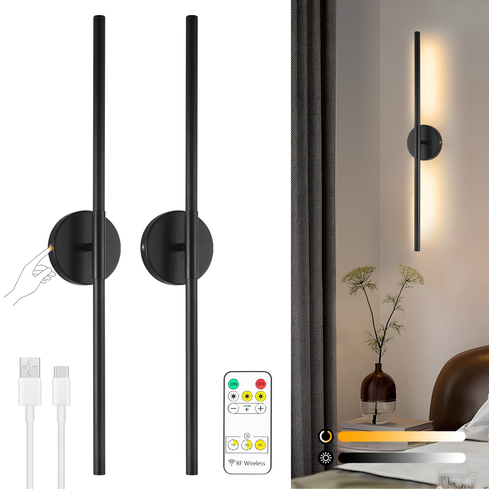 Hojoyri Wireless Battery Operated Wall Sconces With Remote, Black Rechargeable Led Wall Lights Set Of Two, Cordless Dimmable Bat