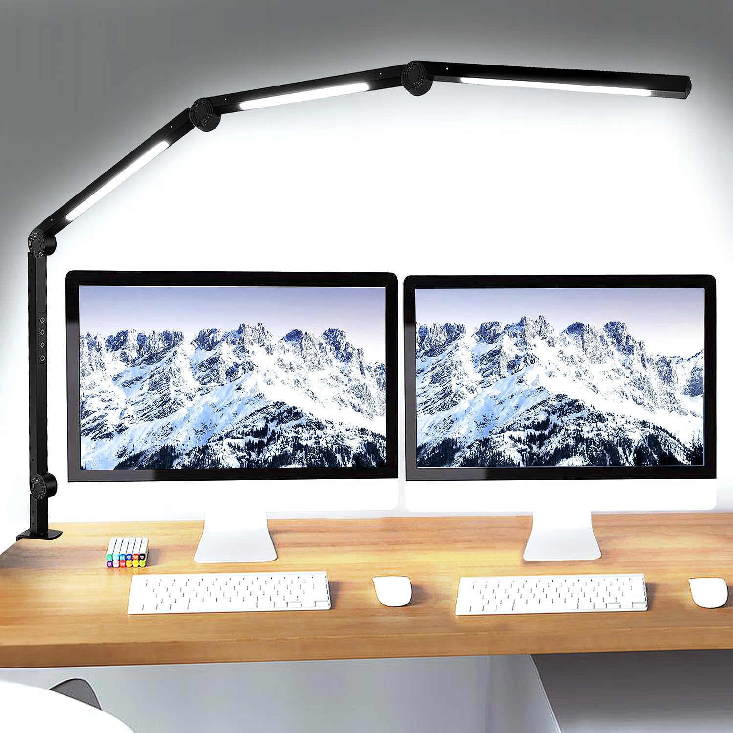 vimeepro LED Desk Lamp with Clamp, 4 Sections Swing Arm, 3 Light Sources, 4 Color Modes, 5 Brightness Levels, Black, Model vimeepro-TD