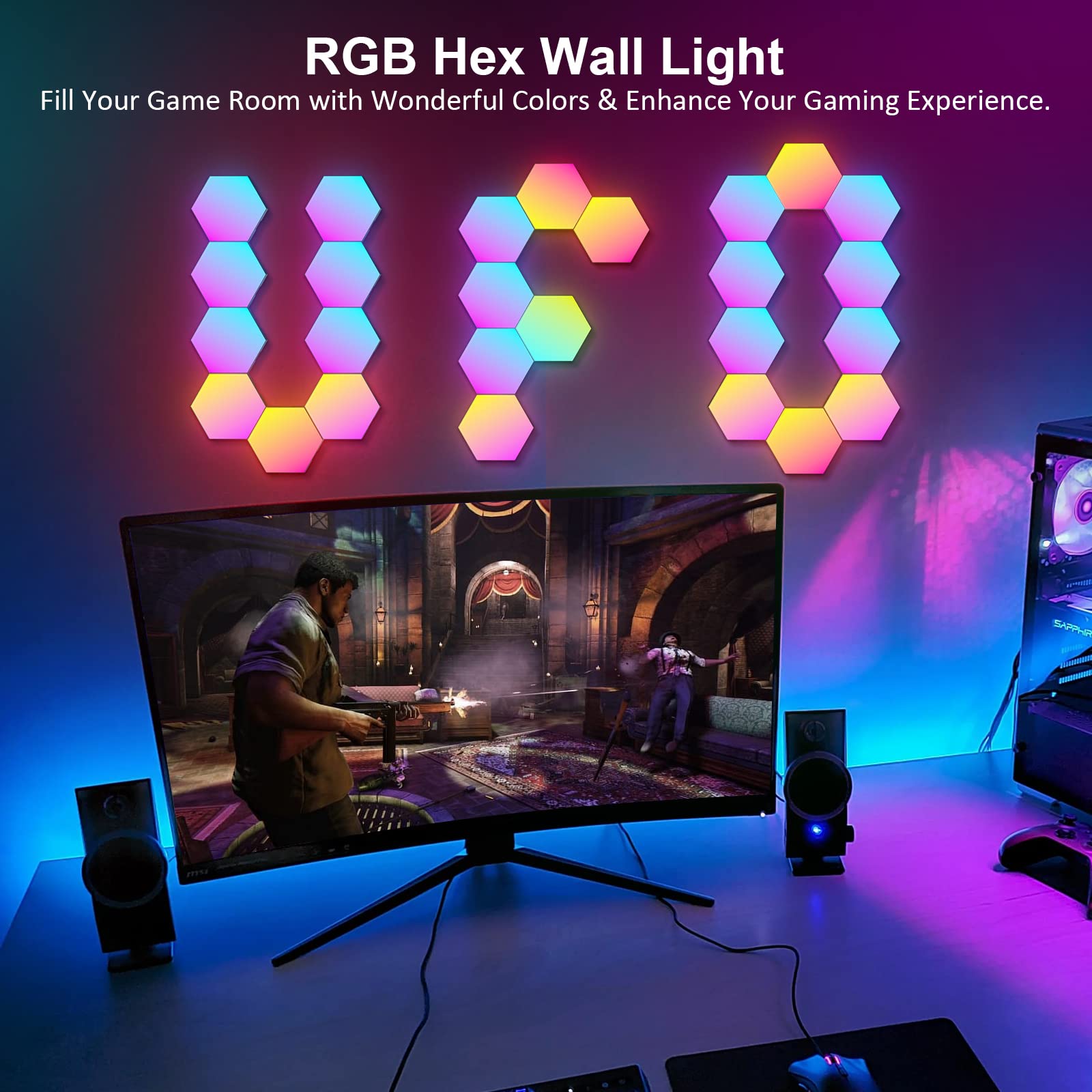 Ojq 12 Pack Hexagon Lights Wall Rgb Panel - Smart App Rgb Hexagonal Modular Gaming Light Music With Sync Honeycomb Shape Panels