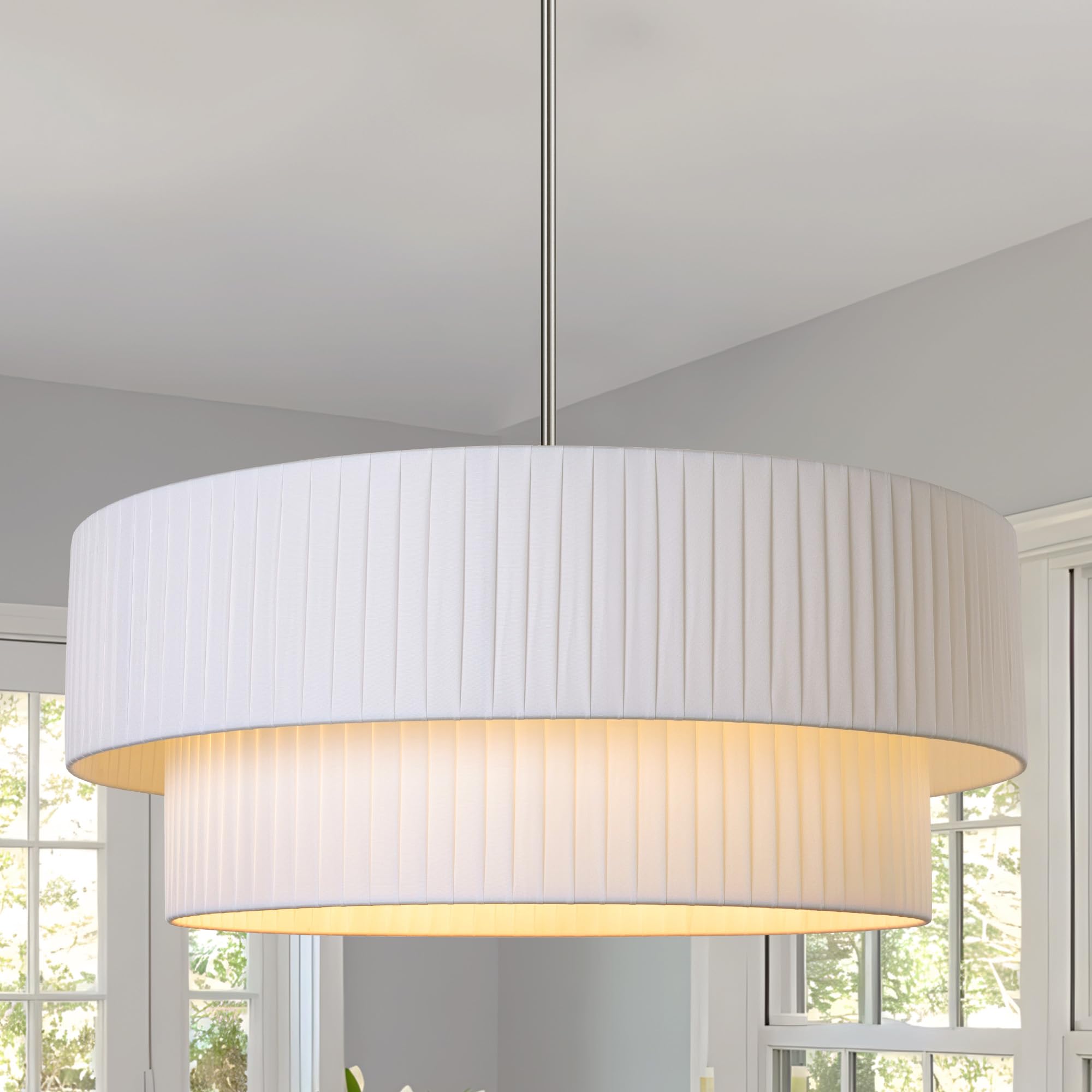 Lamqee Large Farmhouse Drum Chandelier, 2-Layer 23.6Inch Ceiling Light Fixture Nickel With Fabric Shade Modern Pendant Hanging L
