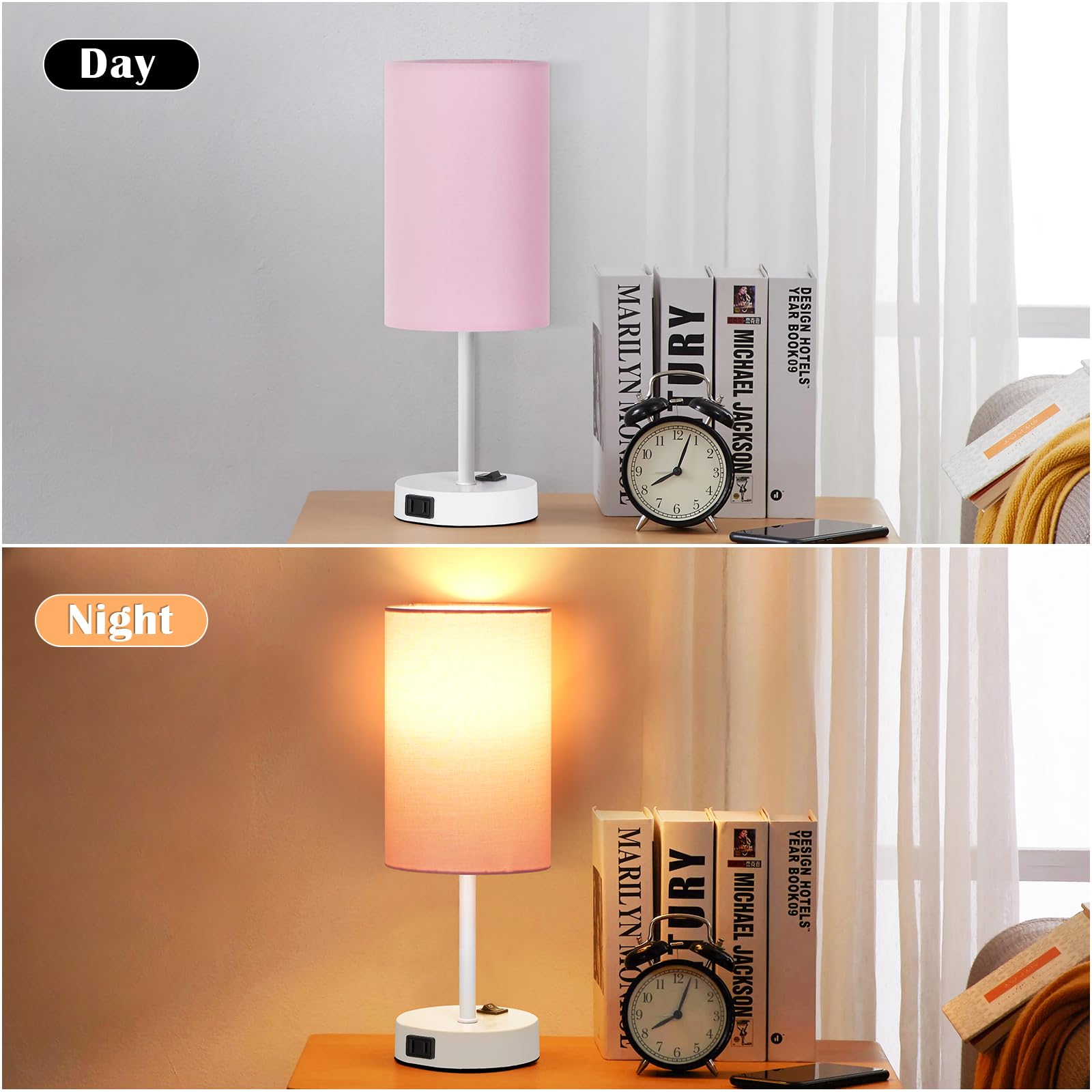 Zjojo Table Lamp For Bedroom Set Of 2, Bedside Small Lamps With 3 Way Dimmable Rocker Switch And Ac Outlet, Nightstand Desk Lamp With Pink Fabric Shade White Base For Living Room Home Decor Lights