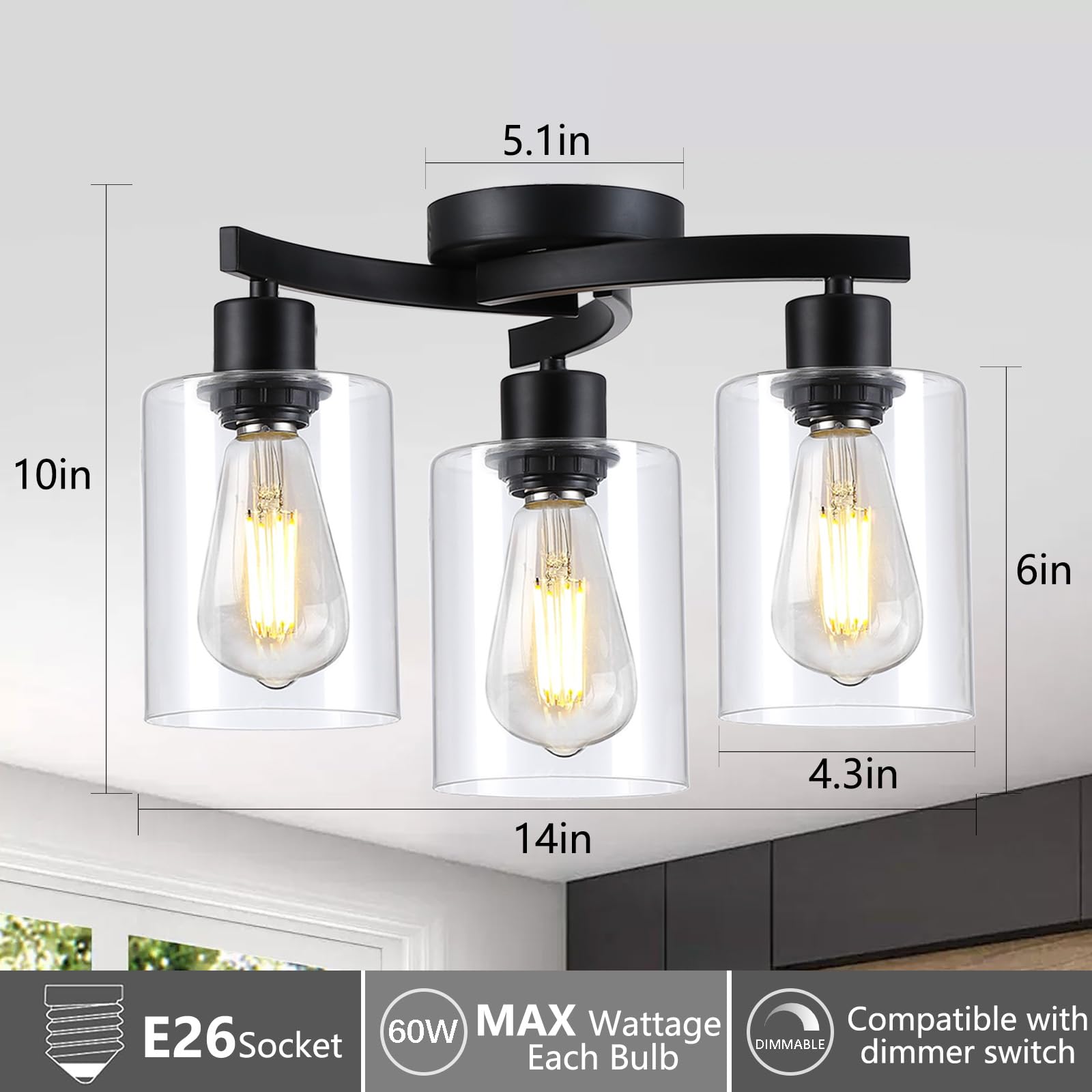 3Wwwuee 3-Light Semi Flush Mount Ceiling Light, Modern Close To Ceiling Light Fixtures With Clear Glass Shades, Black Light Fixt