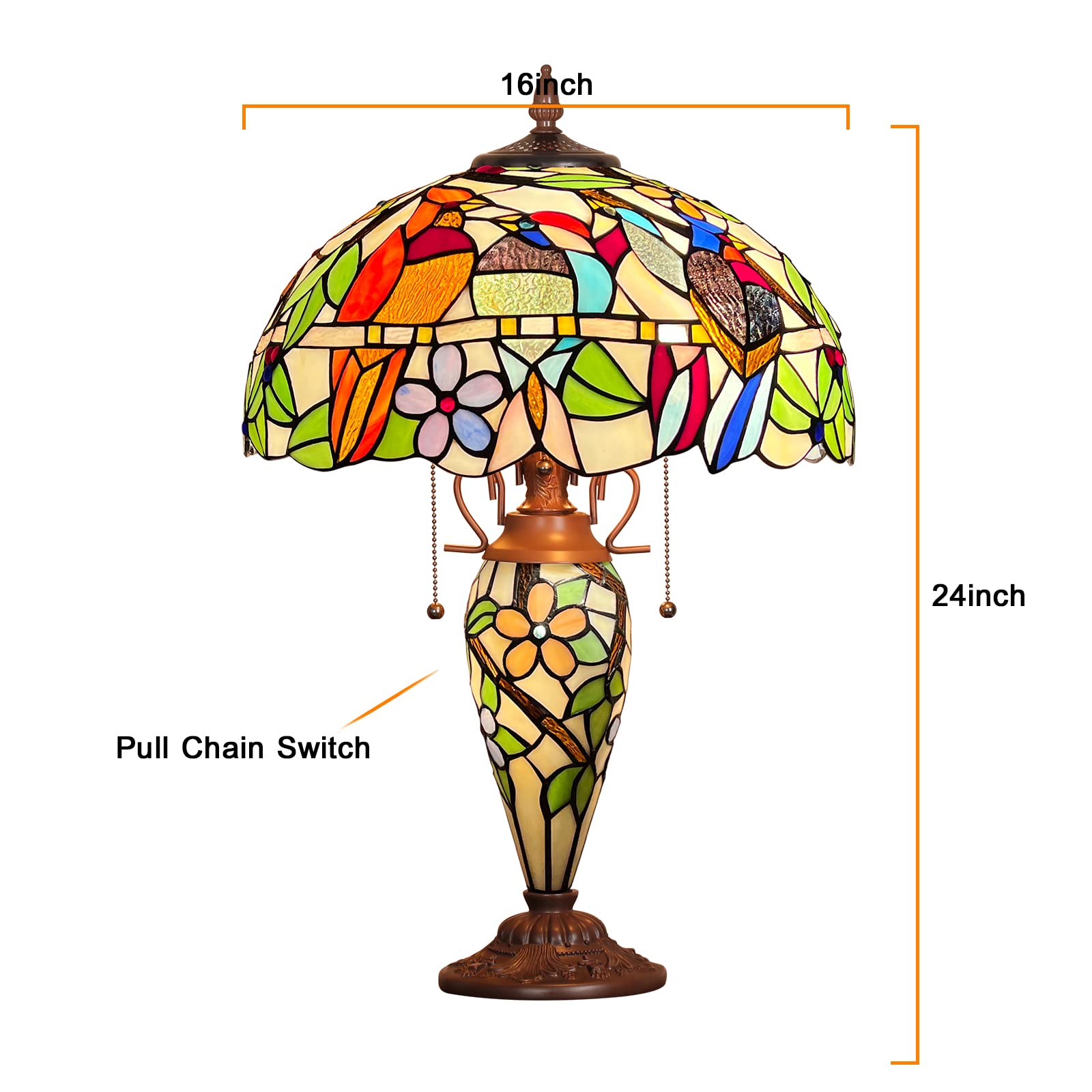 Capulina Tiffany Table Lamp - Stained Glass Cardinal Birds - 16x16x24 Inches - Mother-Daughter Vase Style for Home and Office Decor