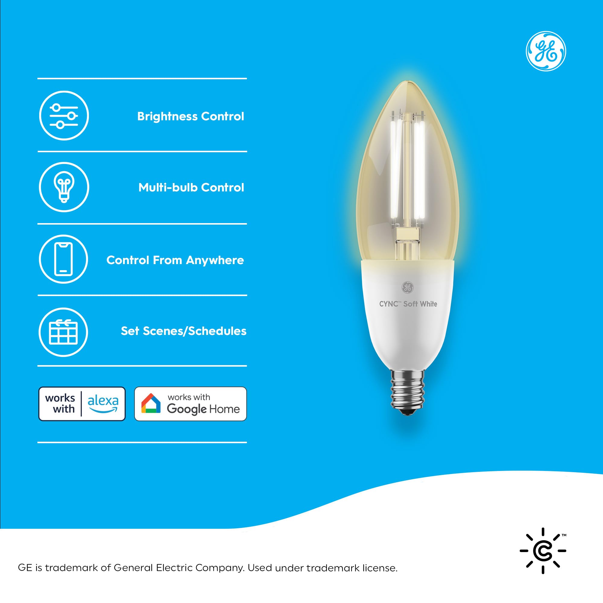 Ge Cync Smart Led Light Bulb, B11 Candle Light Bulb, Works With Amazon Alexa And Google Home, Wifi Light, 60W Equivalent, Soft W