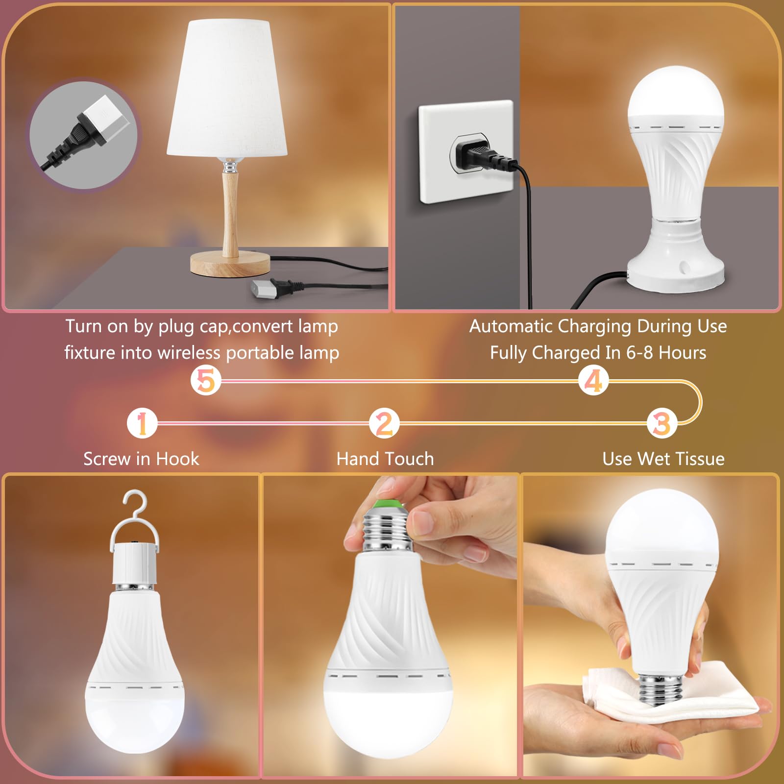 6 Pack Rechargeable Emergency Light Bulbs, Battery Powered Led Light Bulb 6000K Daylight E26 12W 60W Equivalent With 1500Mah For