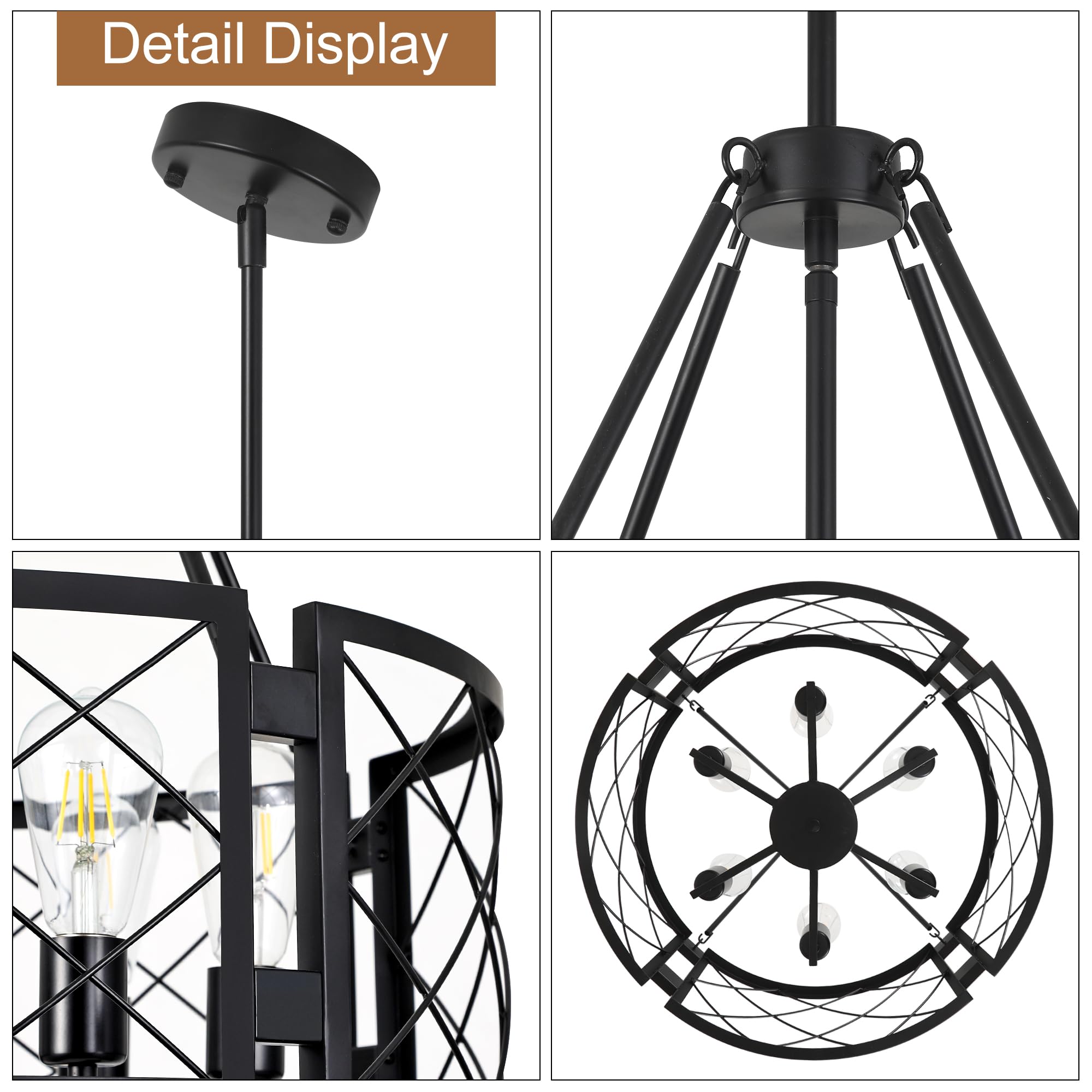Sigaitwei 6-Light Farmhouse Chandelier Rustic Black Chandelier For Dining Room,Adjustable Pendant Light,Drum Chandelier For Kitc