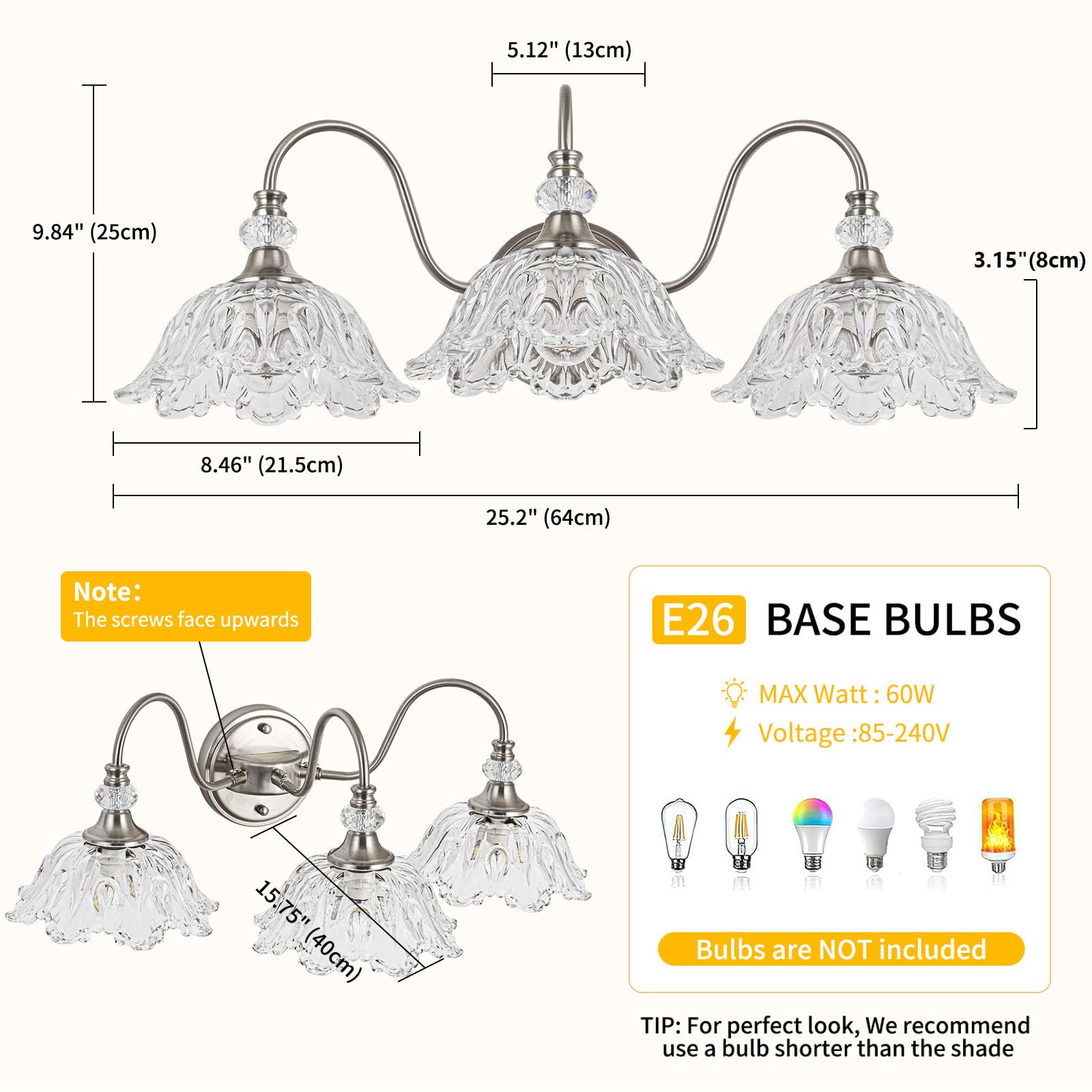 Sunkryster Brushed Nickel 3-Light Bathroom Vanity Light with Floral Glass Shades, Metal Wall Mount Lighting