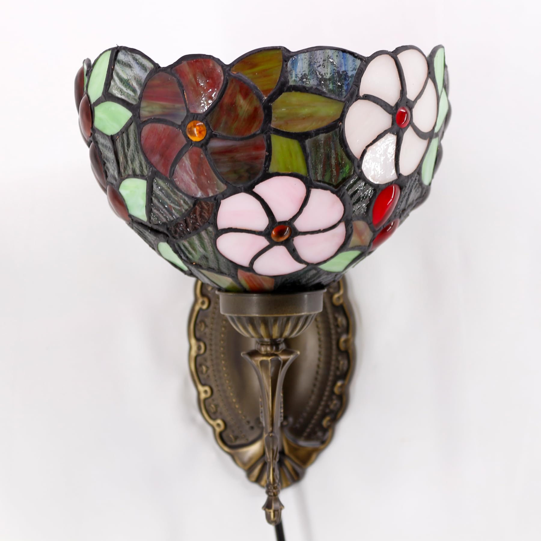 Tiffany Wall Sconce Lamp Plug In Or Hardwire Wall Light With 8 Inch Green Purple Grape Stained Glass Flower Lampshade 8X10.5X11