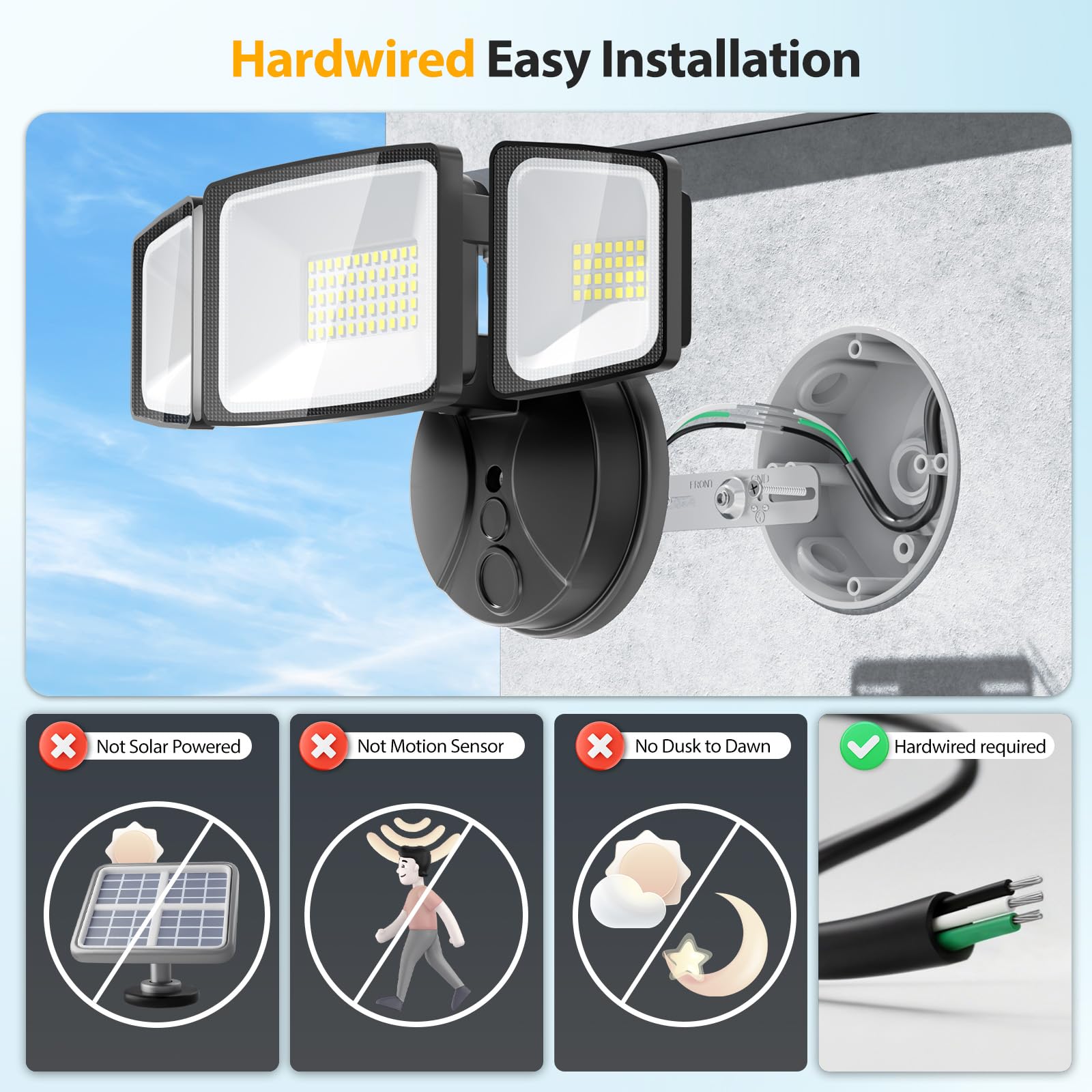 Onforu 60W Outdoor Flood Light, 6000LM, 3 Adjustable Heads, IP65 Waterproof, Black, Model BDB60-3