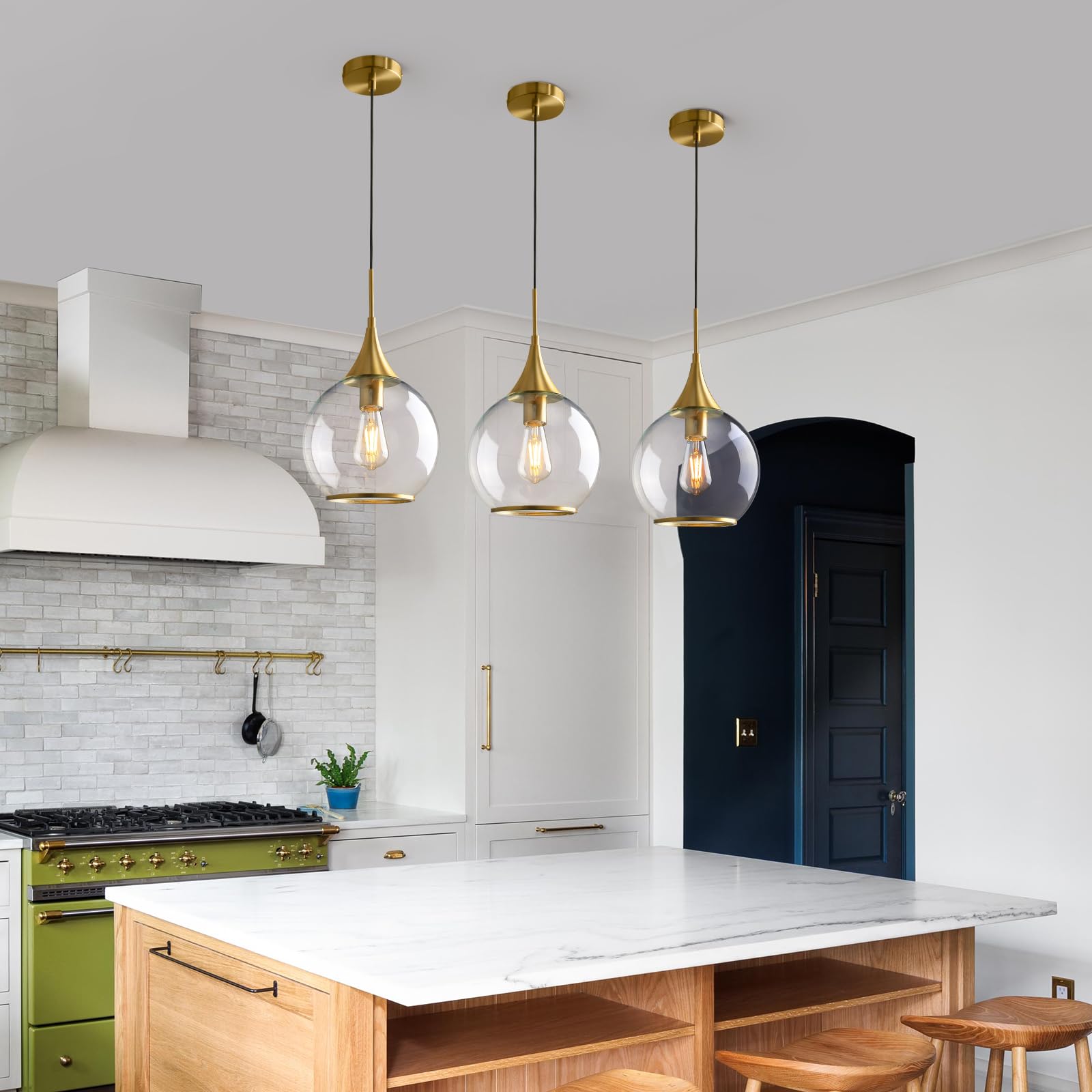 Hahzt Pendant Lights Kitchen Island: Brushed Gold Light Fixture Farmhouse With Clear Glass - 10 Inch Mid Century Globe Kitchen L