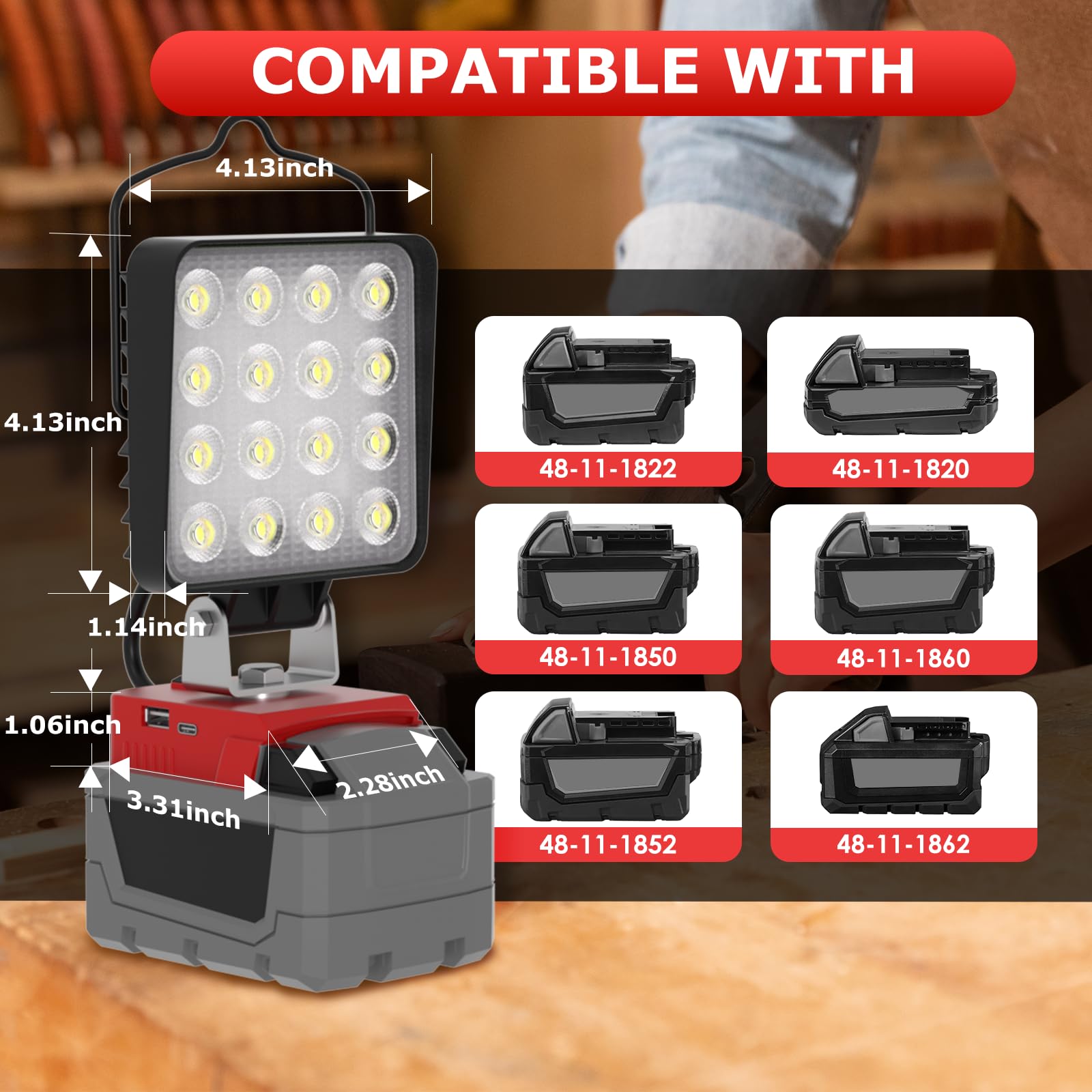 LANKA 90W LED Work Light - 9000LM Cordless, USB & Type C, 180° Adjustable, Compatible with Milwaukee M18, 1 Pack