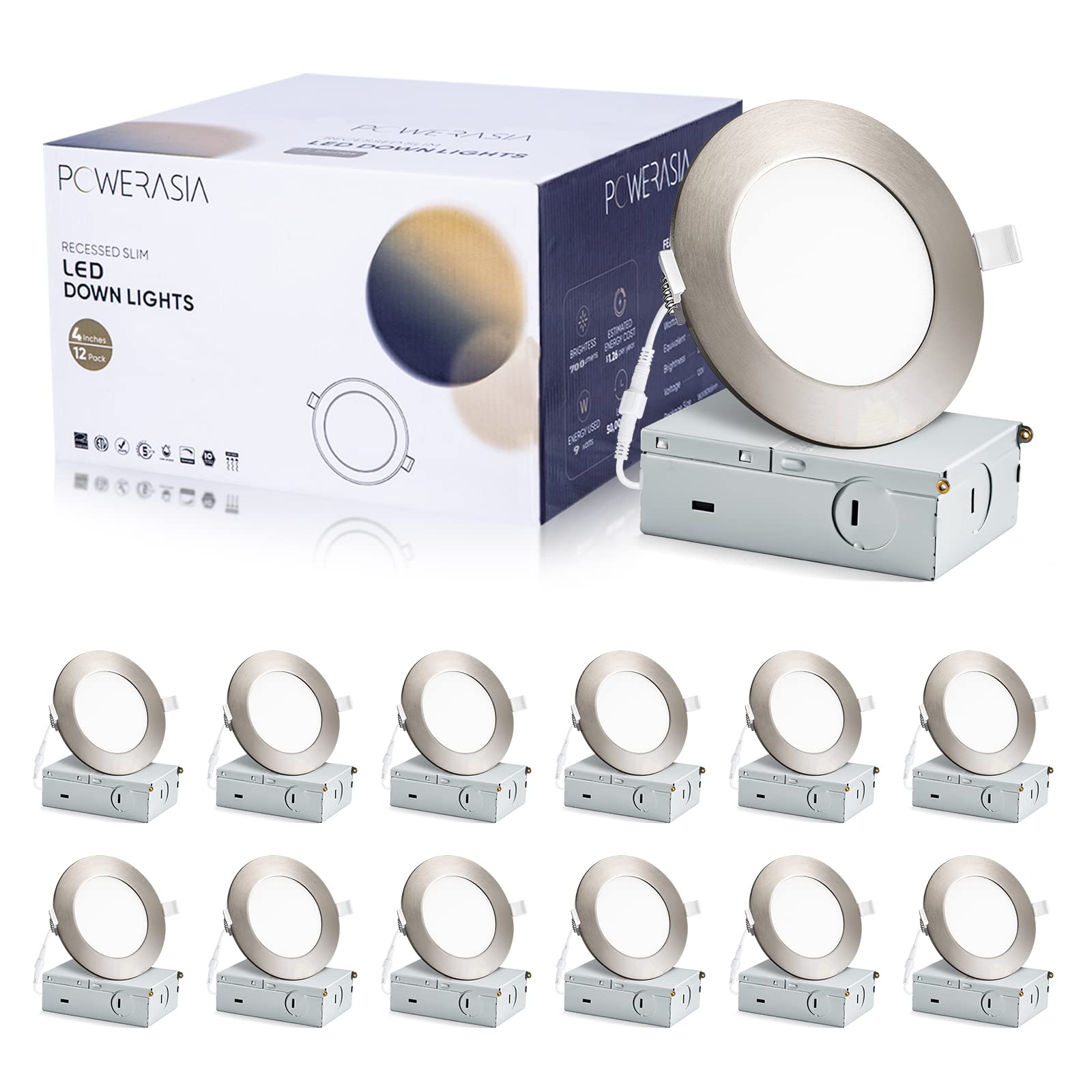 12 Pack Recessed Lighting 4 Inch with Junction Box, 5CCT 4 Inch Brushed Nickel LED Recessed Lights Dimmable 2700K-6000K, 9W 700l