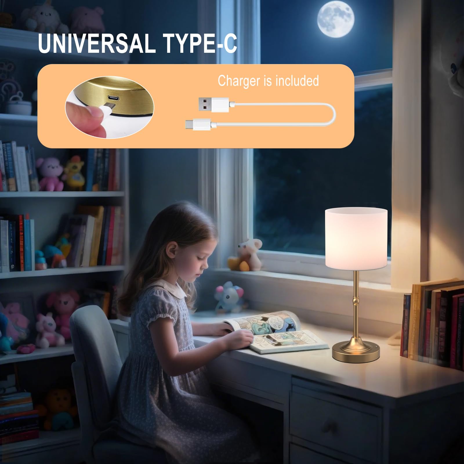 Yyxgoob Cordless Led Table Lamp,Portables Fabric Shade Desk Lamps, Rechargeable Battery Powered Lighting, Dimmable Light For Din